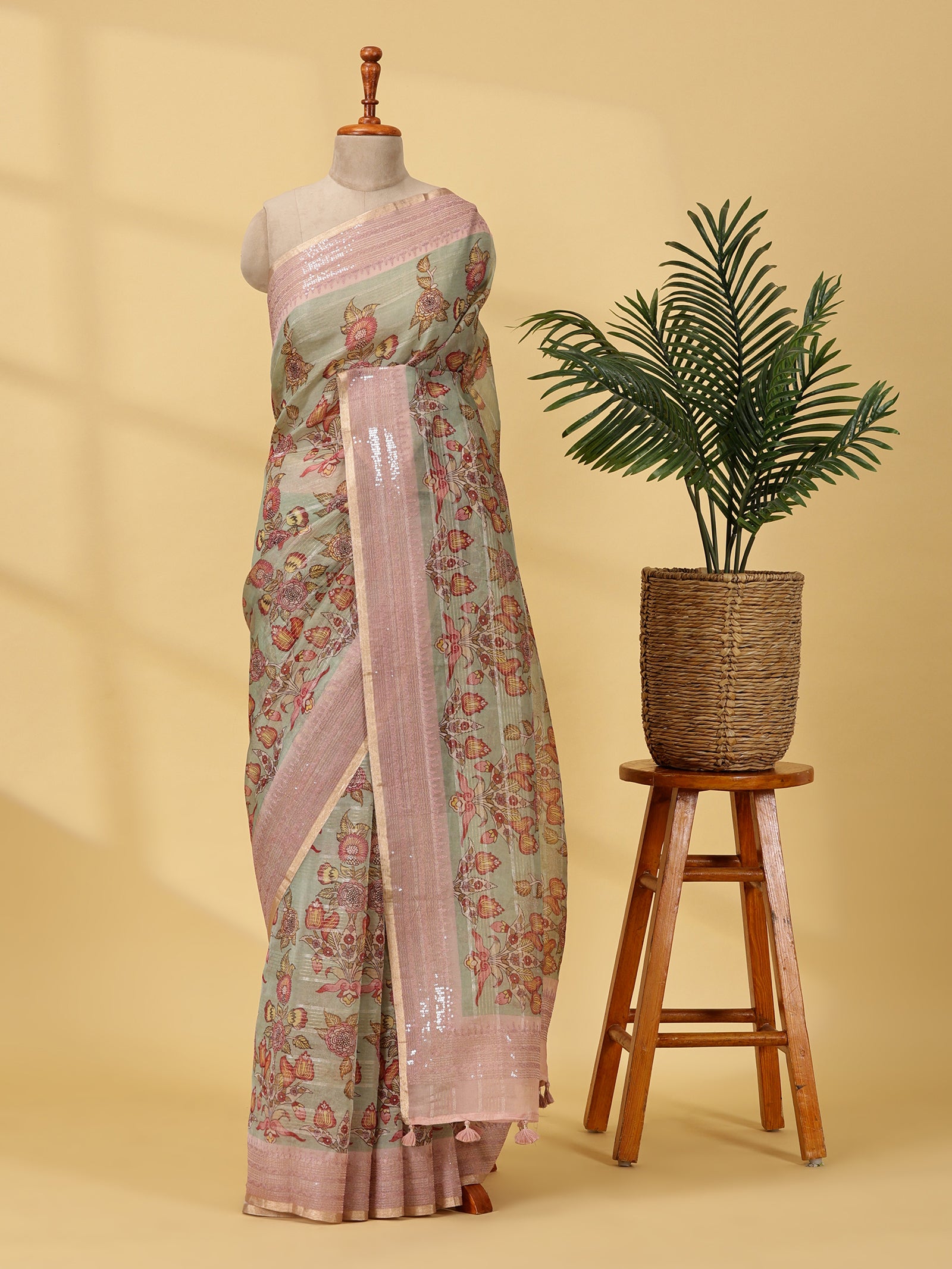 Pastel Printed Organza Silk Saree With Sequin Border