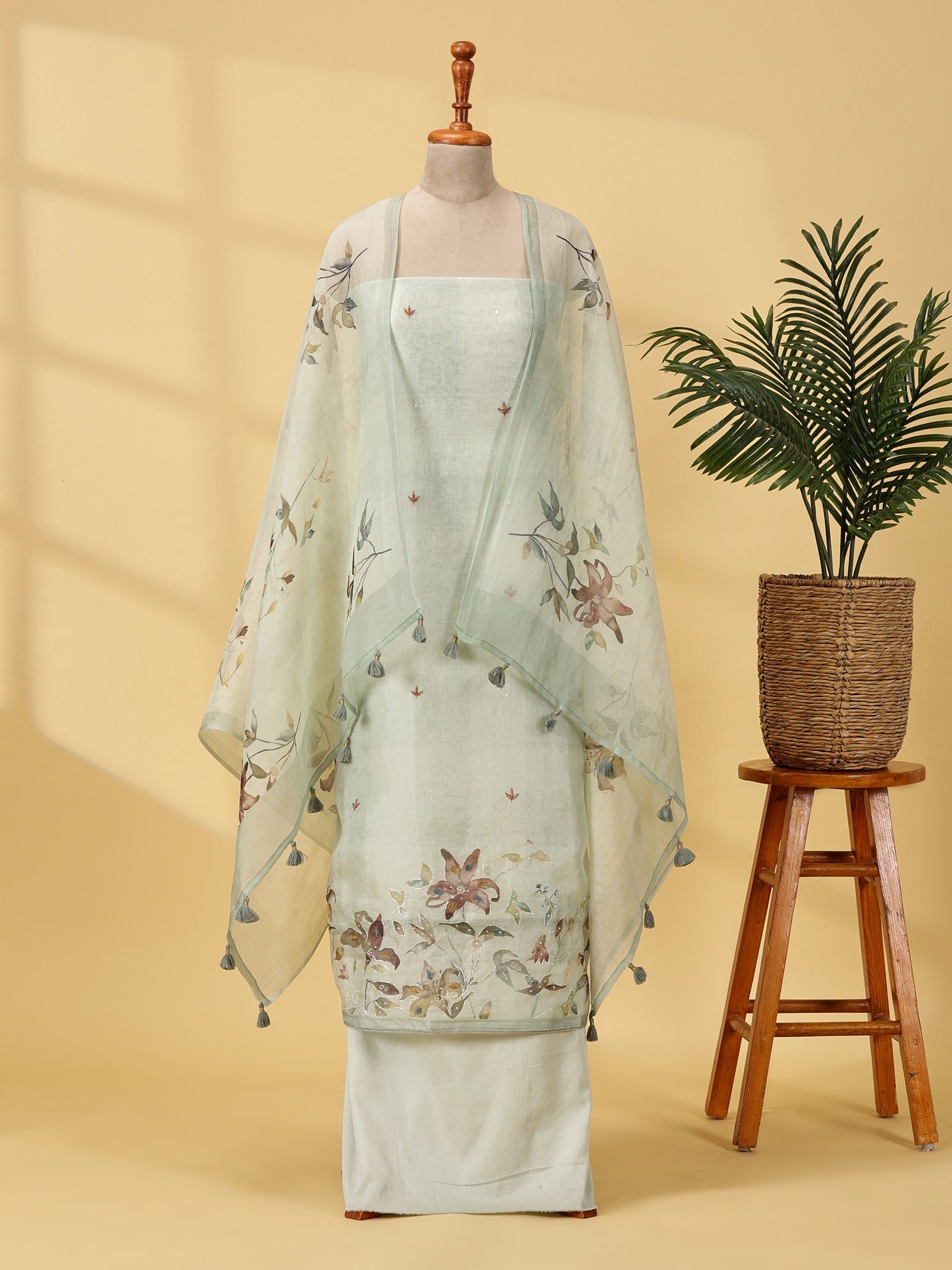 Pure Organza Silk Dress Material Set with Appliqué & Hand Embroidery