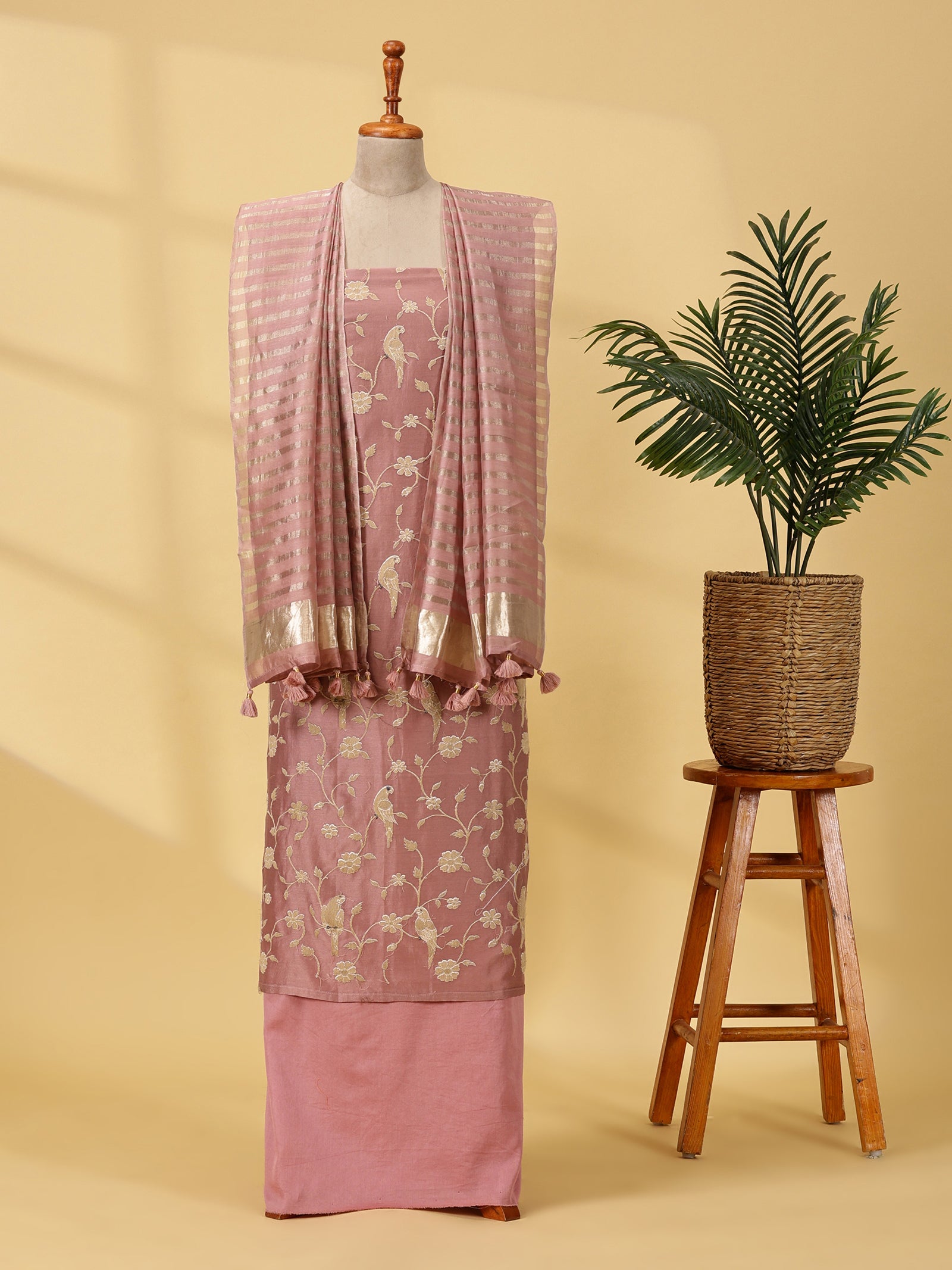Chinia Silk Dress Material Set with All-Over Embroidery & Zari Chanderi Dupatta