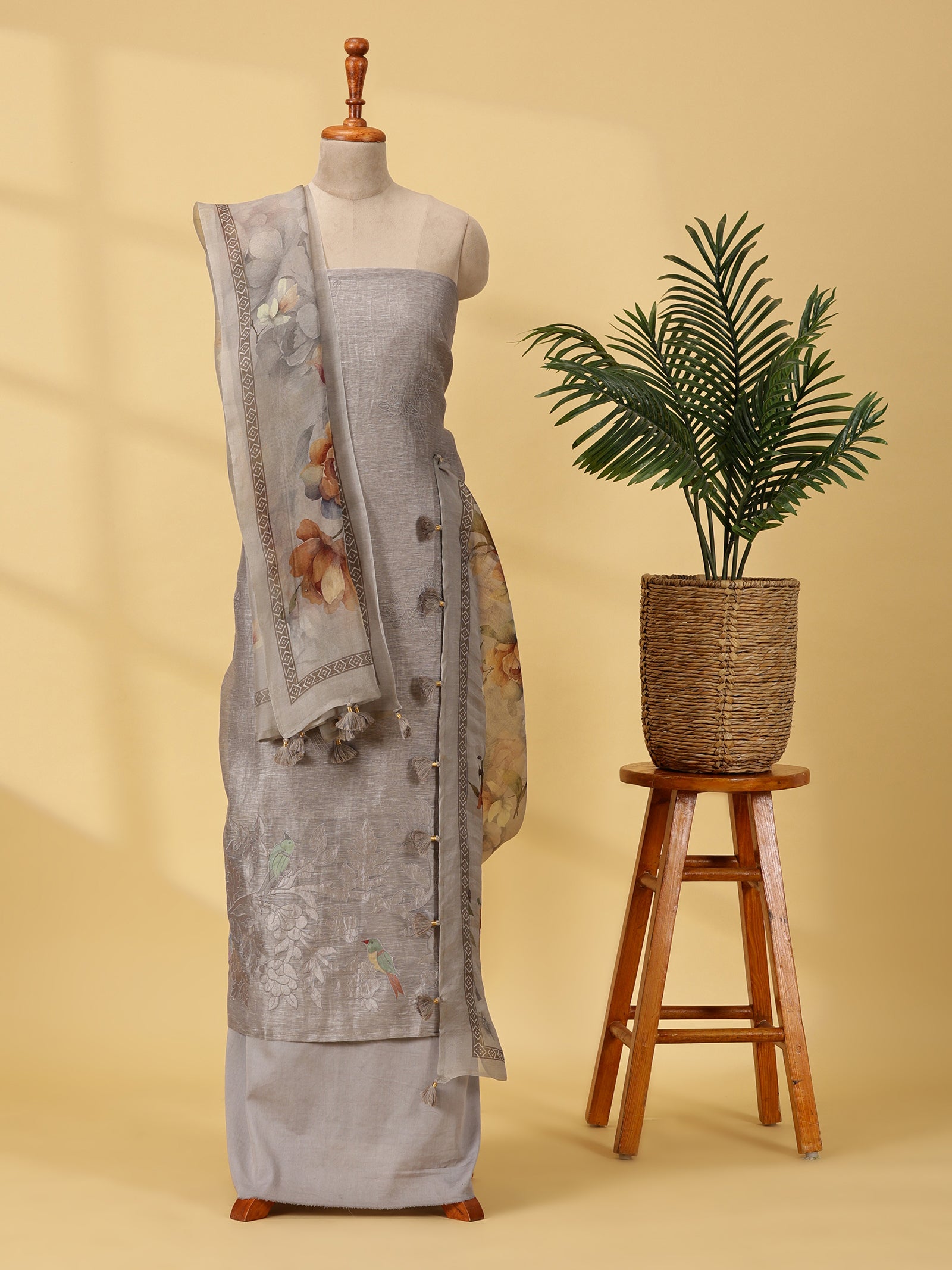 Pure Linen Silk Dress Material Set with Bird & Floral Appliqué