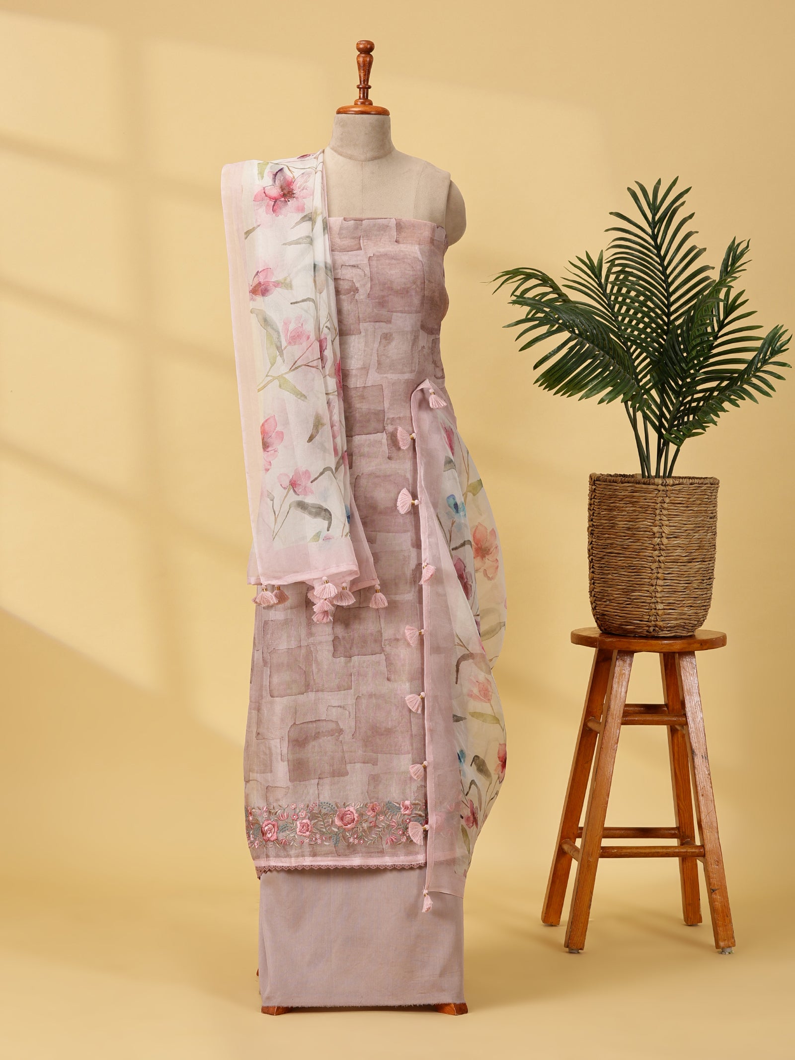 Pure Organza Silk Dress Material Set with Embroidered Hem & Digital Print