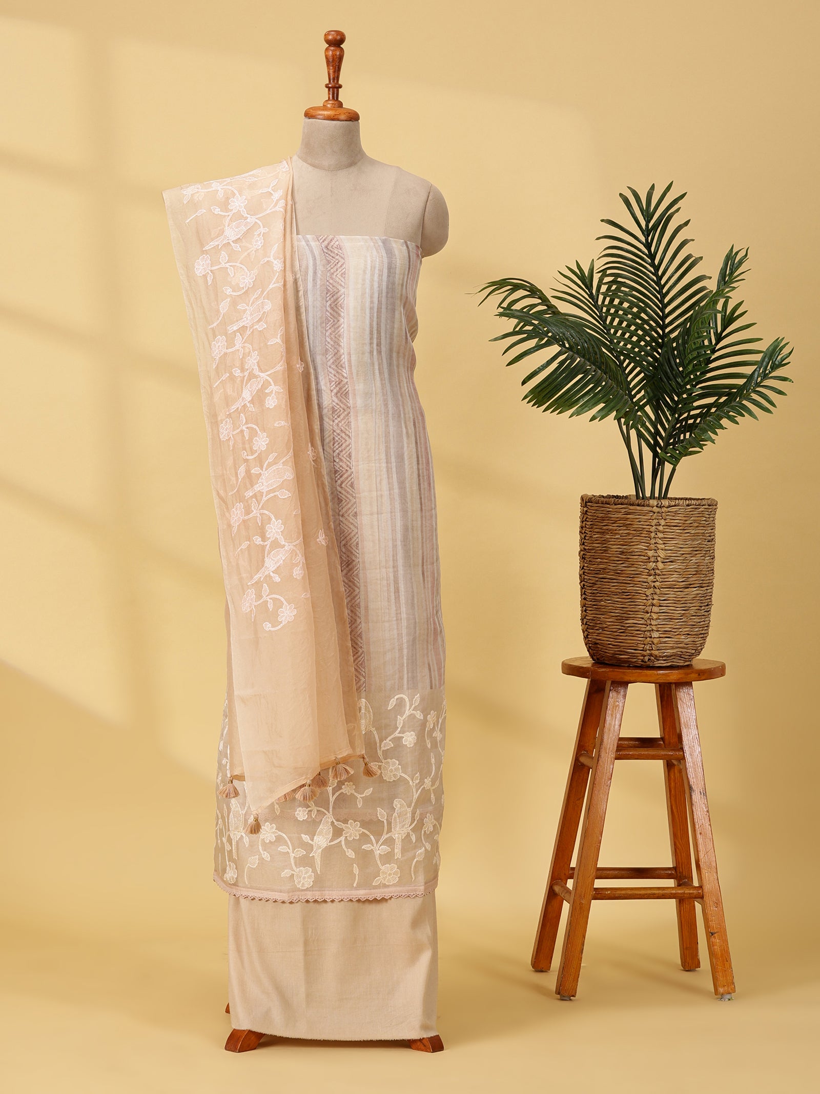 Pure Organza Silk Dress Material Set with Digital Print & Appliqué Work