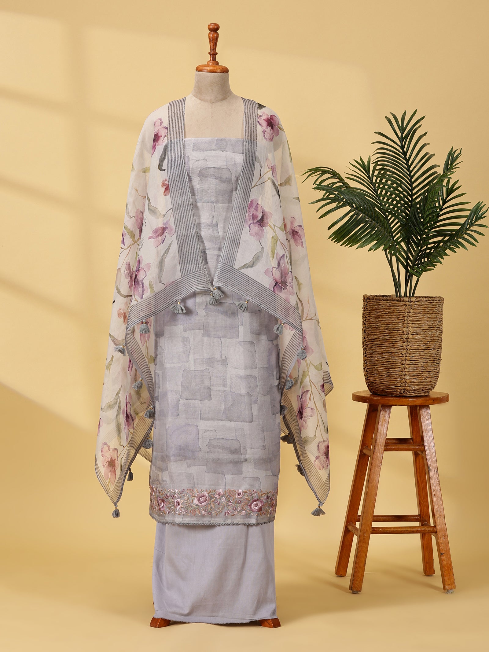Pure Organza Silk Dress Material Set with Embroidery & Digital Print