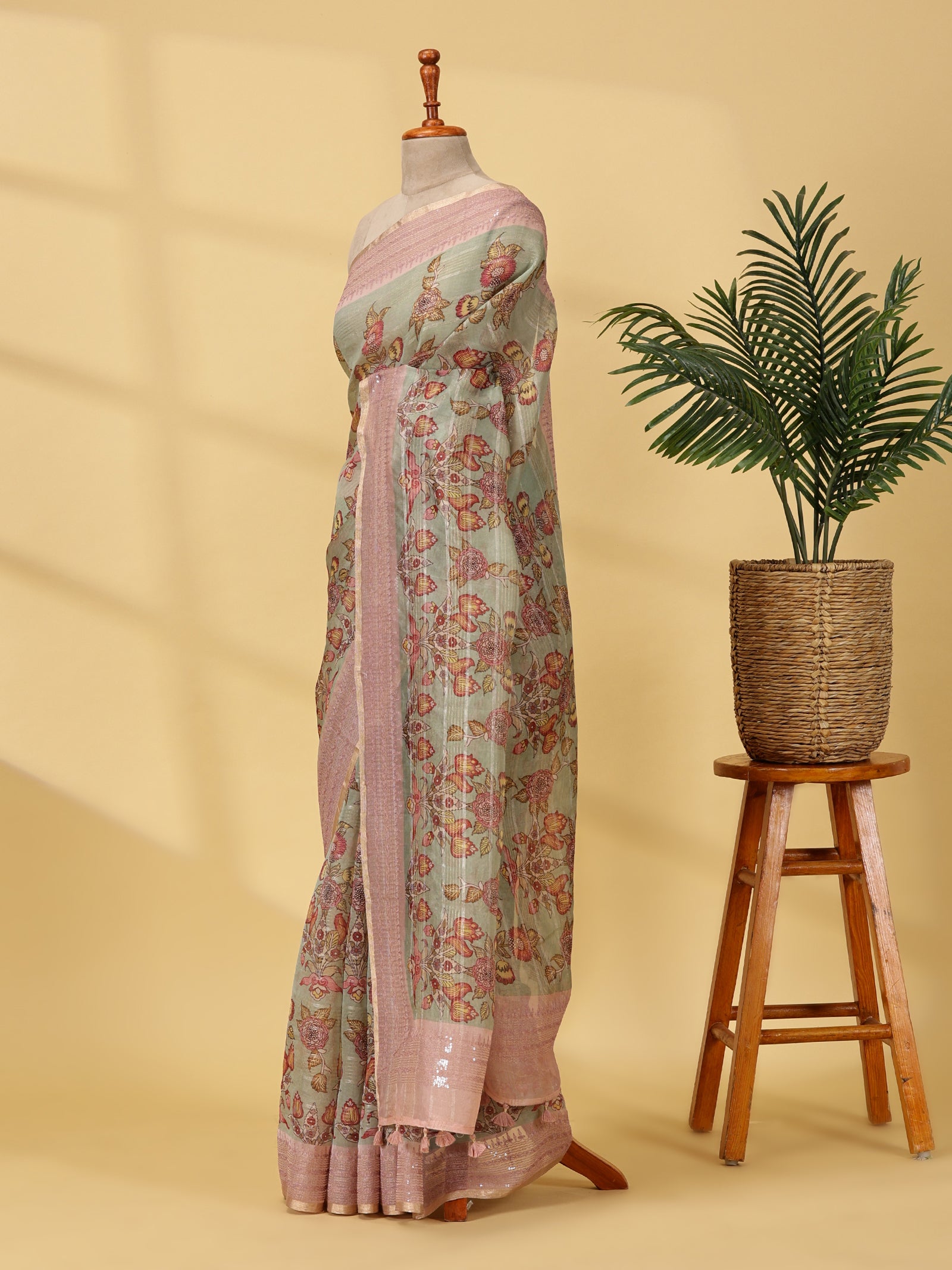 Pastel Printed Organza Silk Saree With Sequin Border
