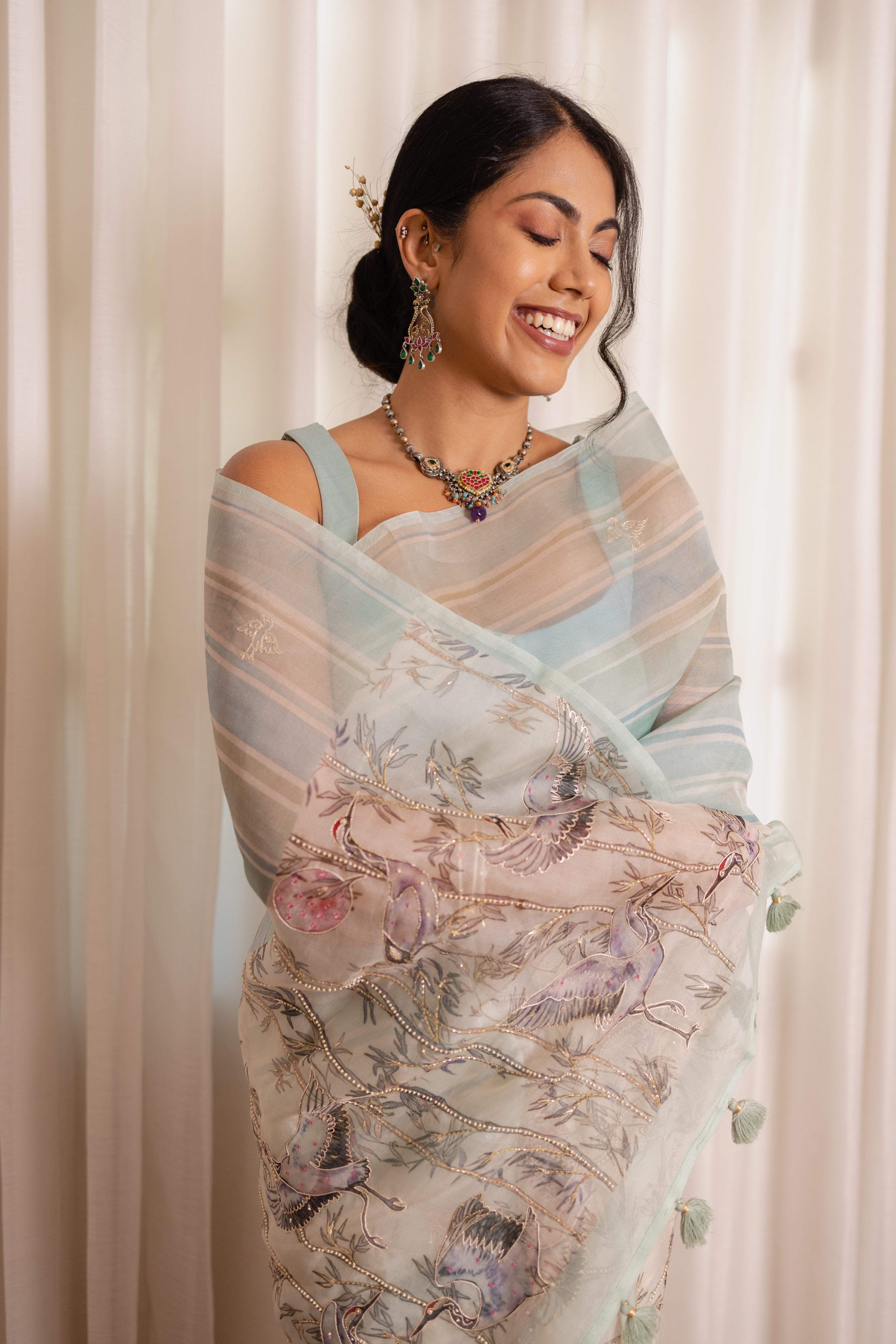 Pastel Heron Print Organza Silk Saree with Zardozi Accents
