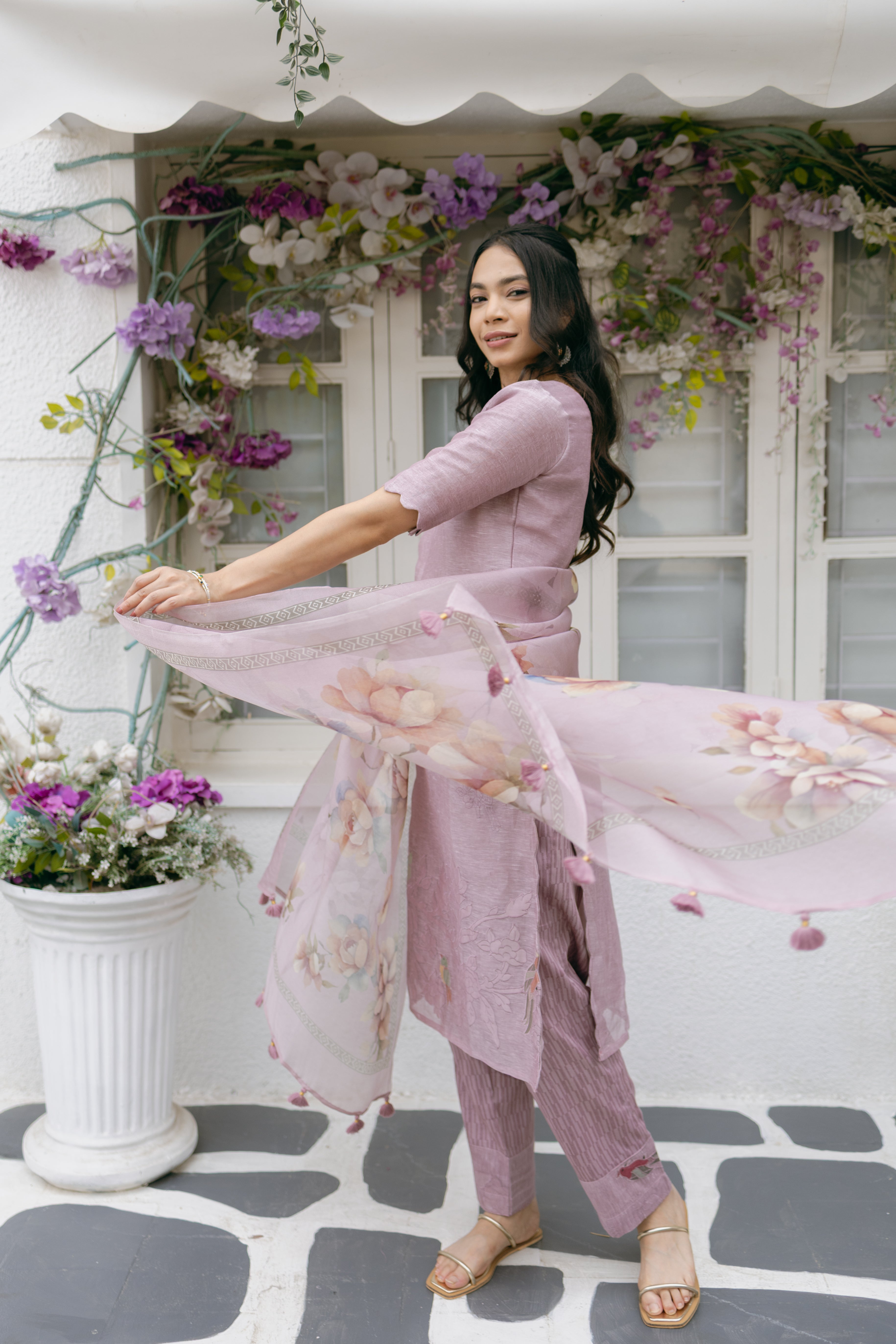 Pure Linen Silk Dress Material Set with Organza Dupatta
