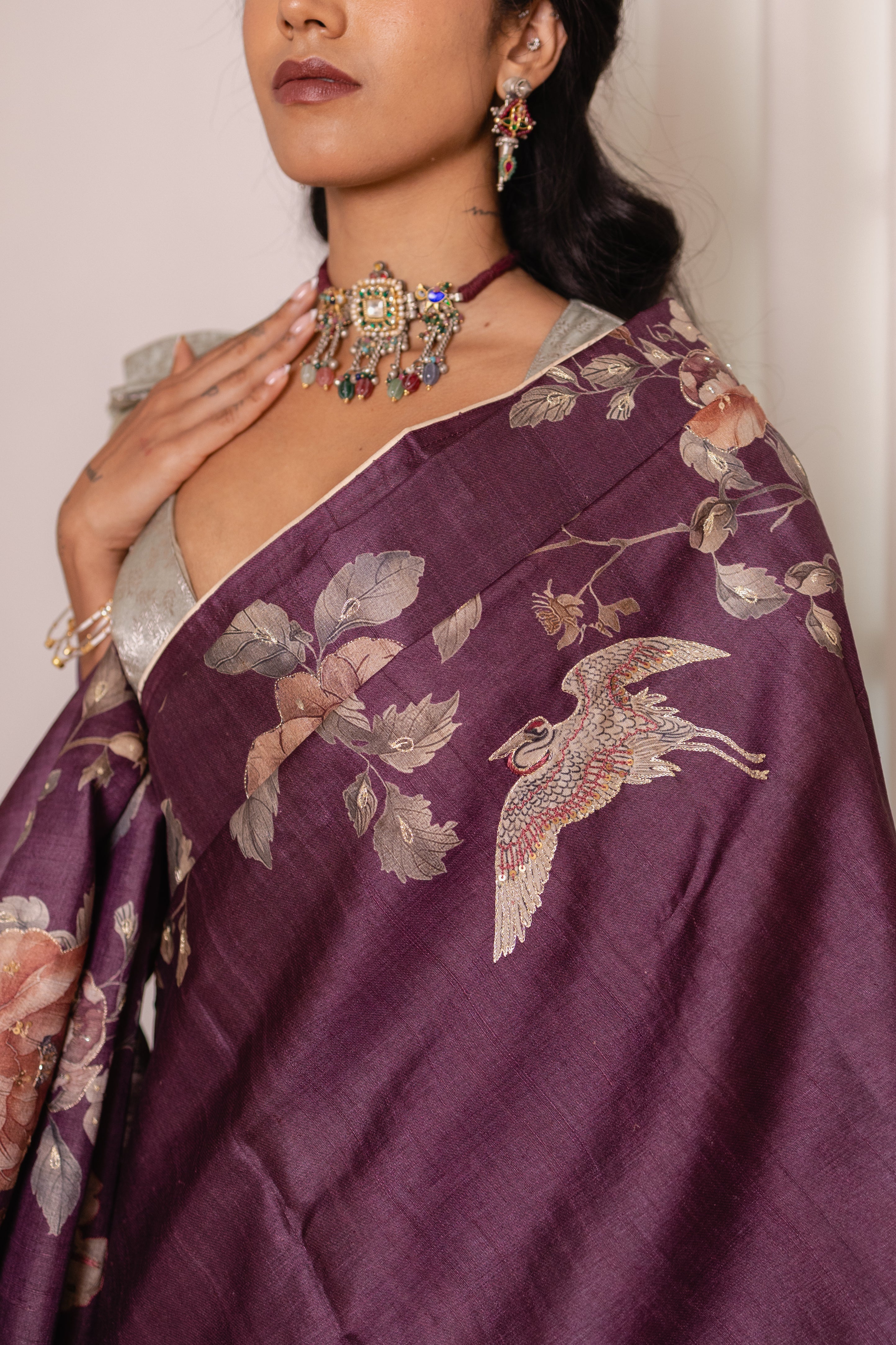 Dark Purple Tussar Silk Saree | Digital Printed