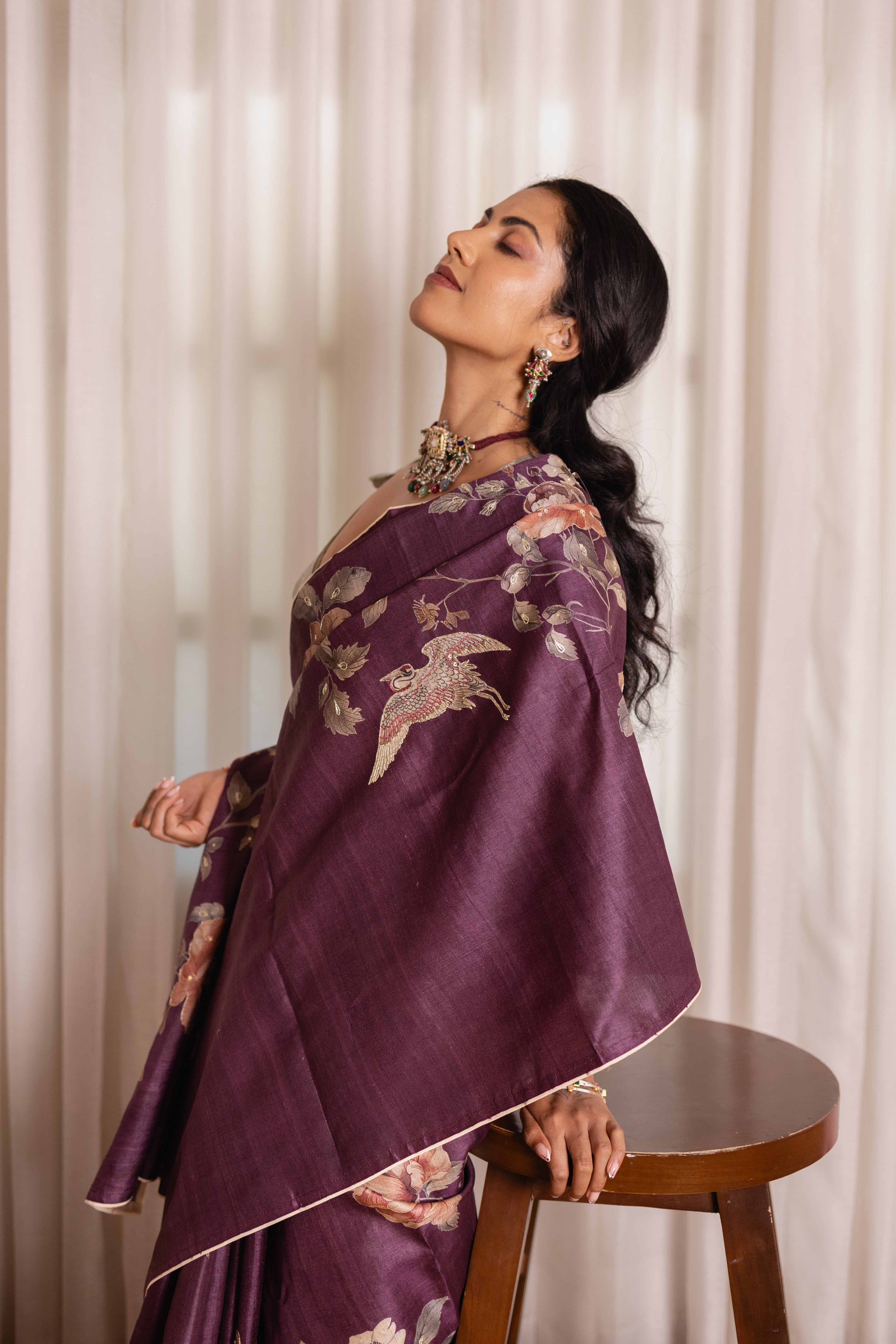 Dark Purple Tussar Silk Saree | Digital Printed