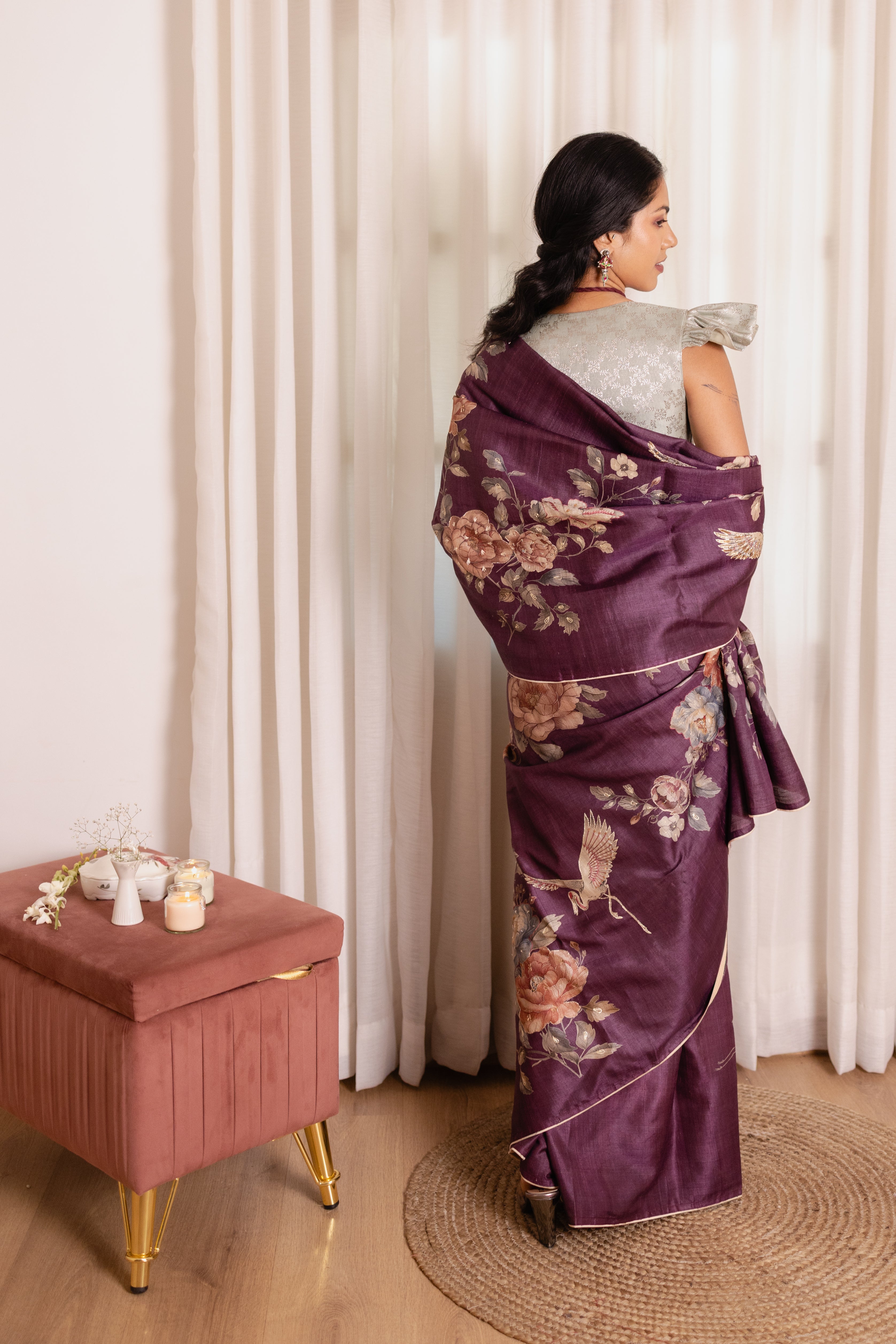 Dark Purple Tussar Silk Saree | Digital Printed