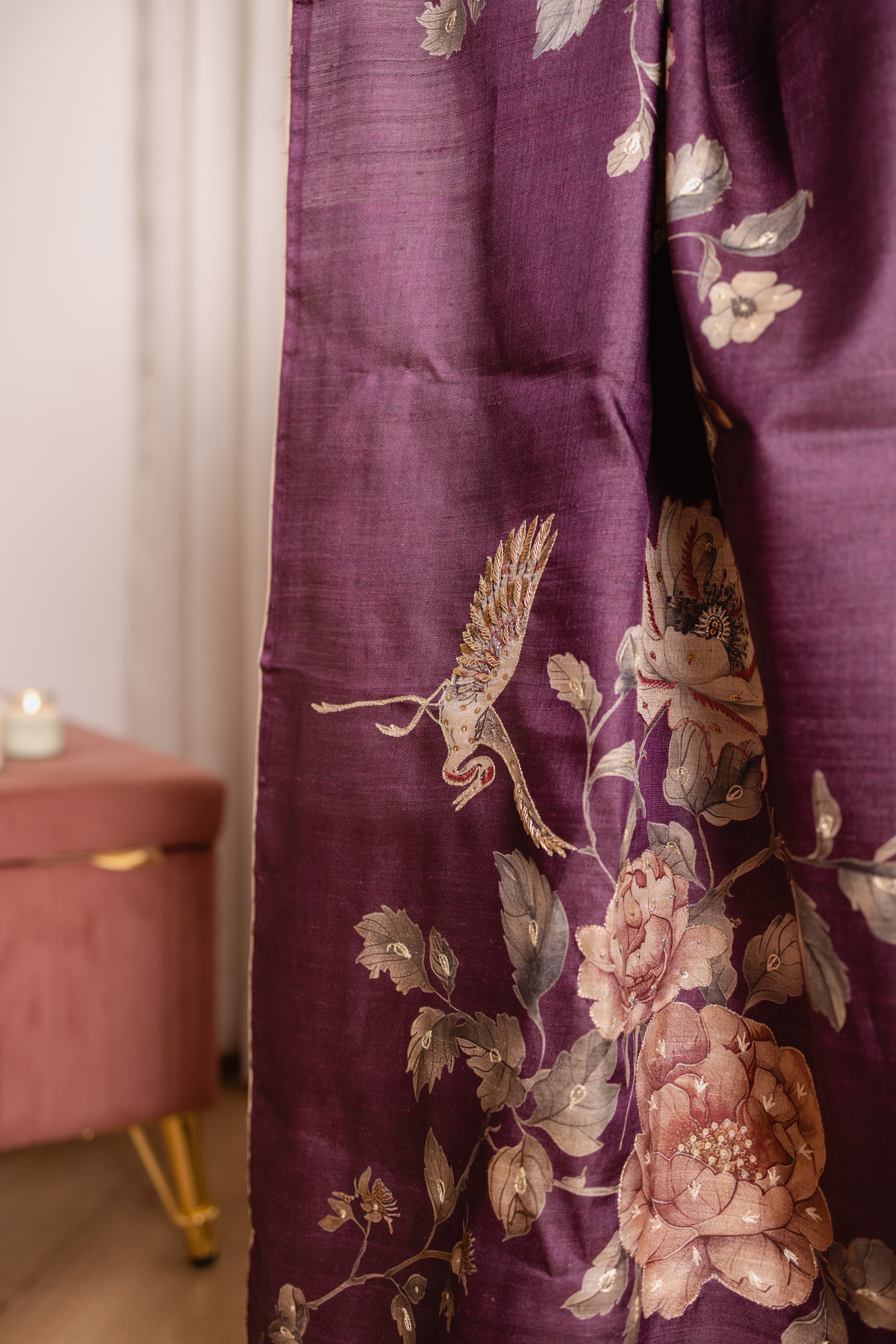 Dark Purple Tussar Silk Saree | Digital Printed