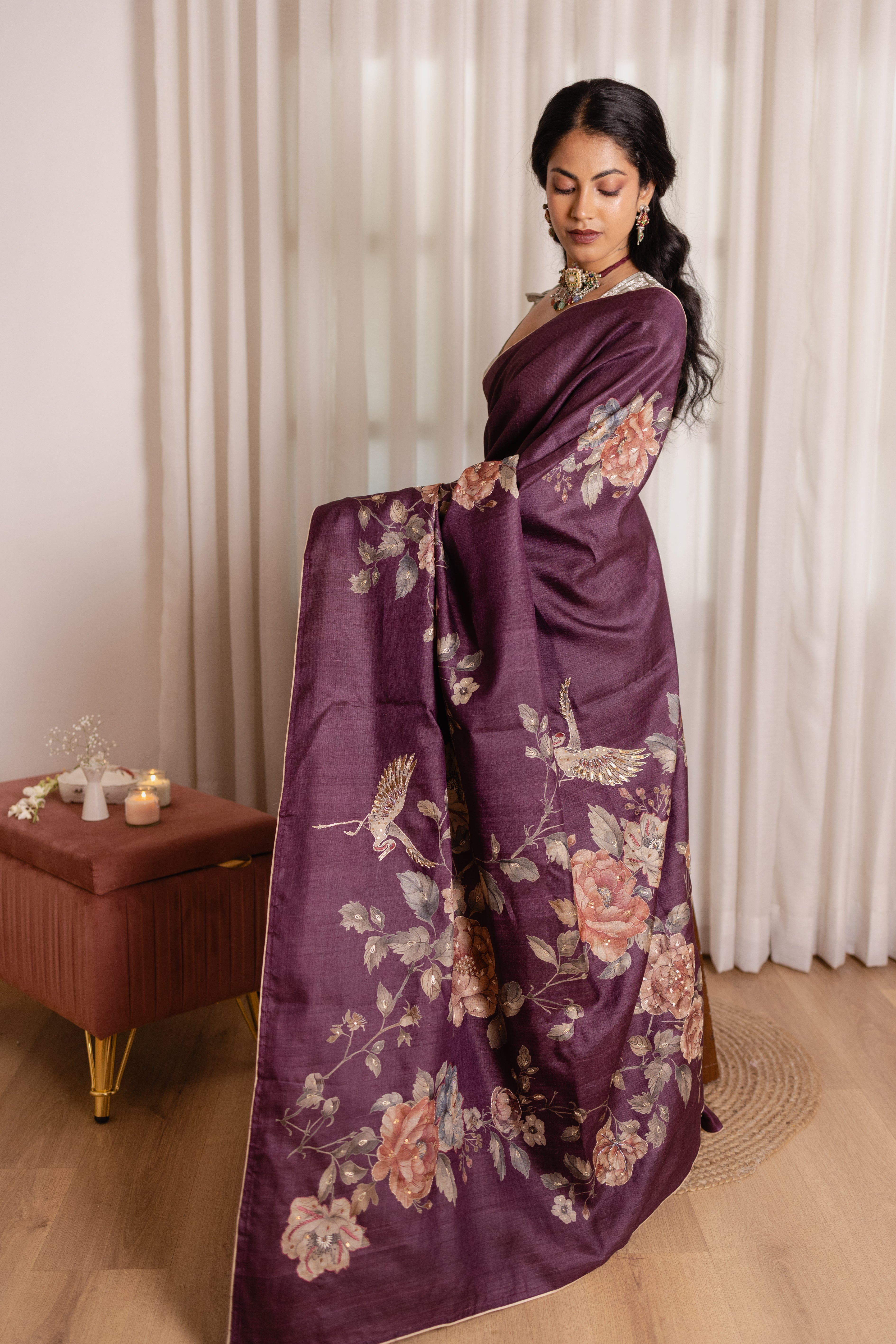 Dark Purple Tussar Silk Saree | Digital Printed