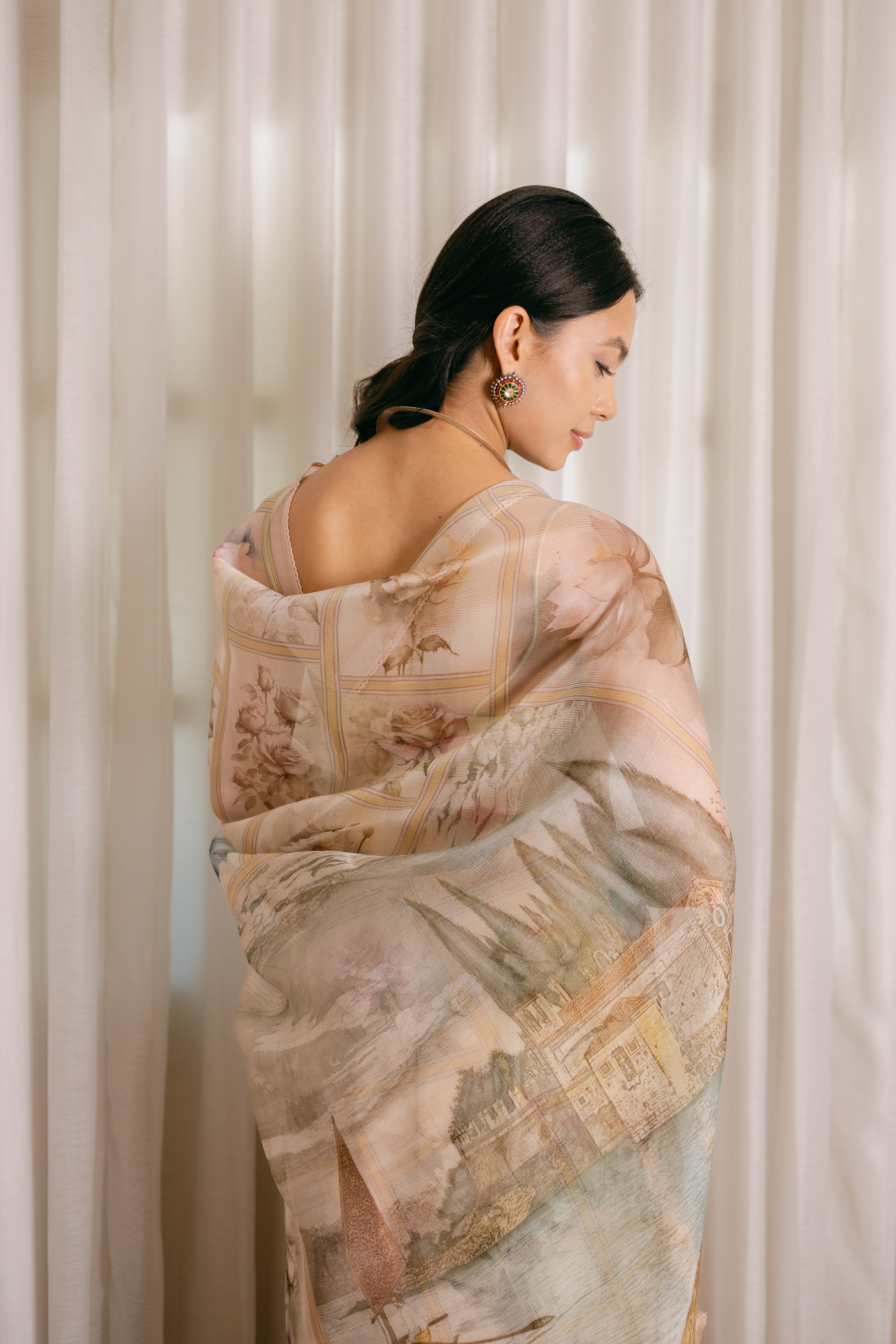 Pure Organza Silk Saree | With Vintage Prints