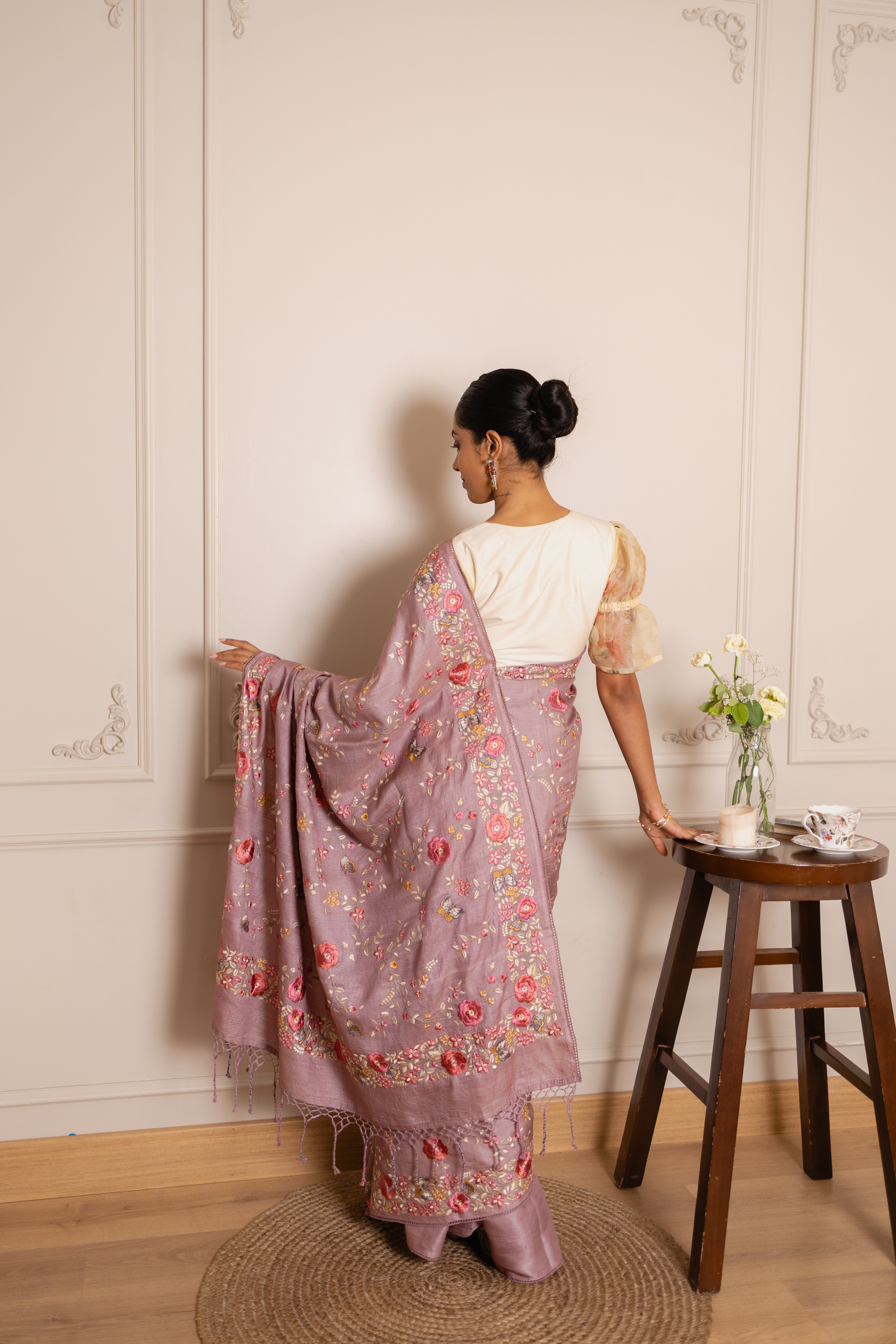 Handloom Tussar Silk Saree | With Floral Embroidery