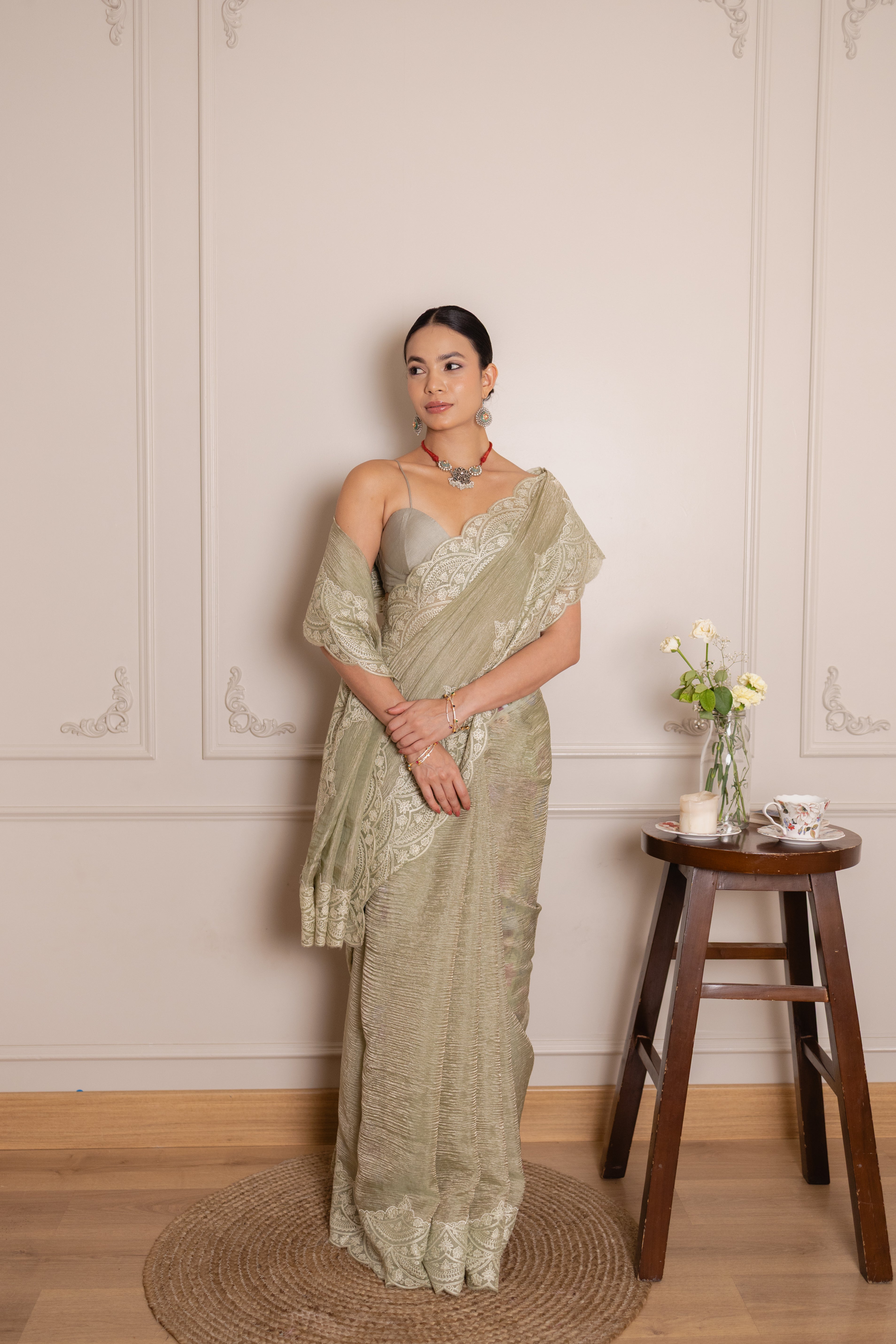 Olive Crushed Organza Silk Saree with Thread Embroidered Scallop Border