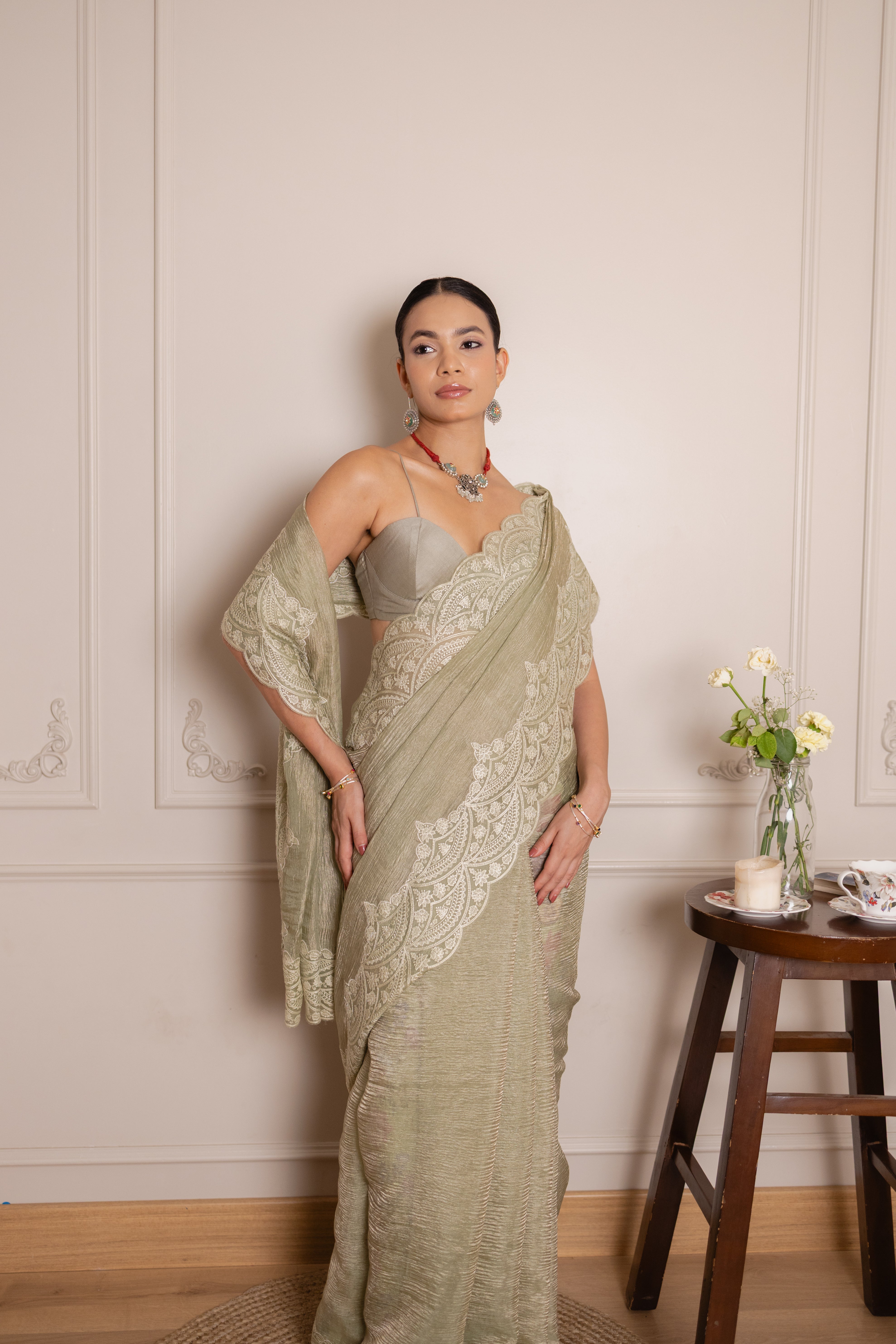 Olive Crushed Organza Silk Saree with Thread Embroidered Scallop Border