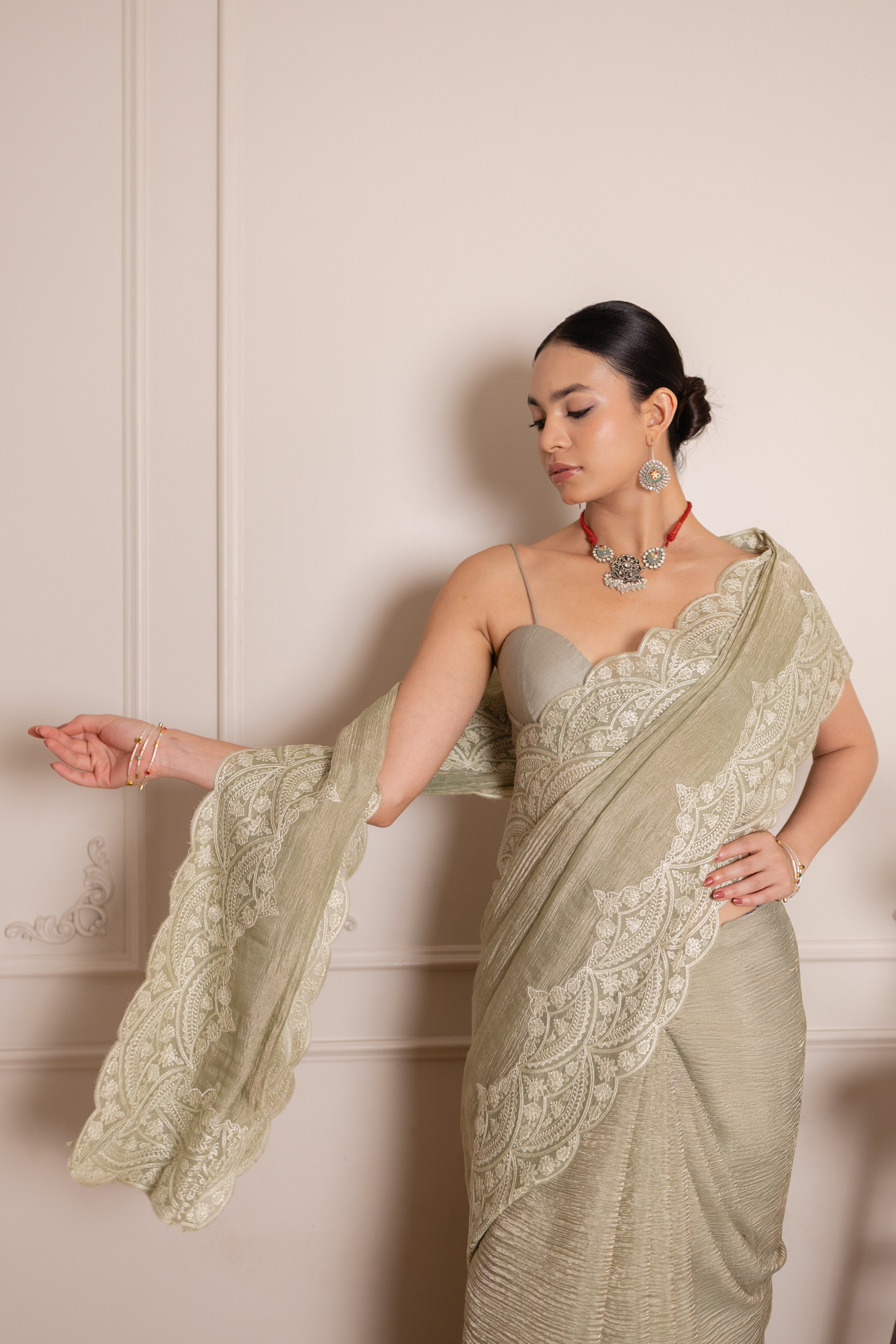 Olive Crushed Organza Silk Saree with Thread Embroidered Scallop Border