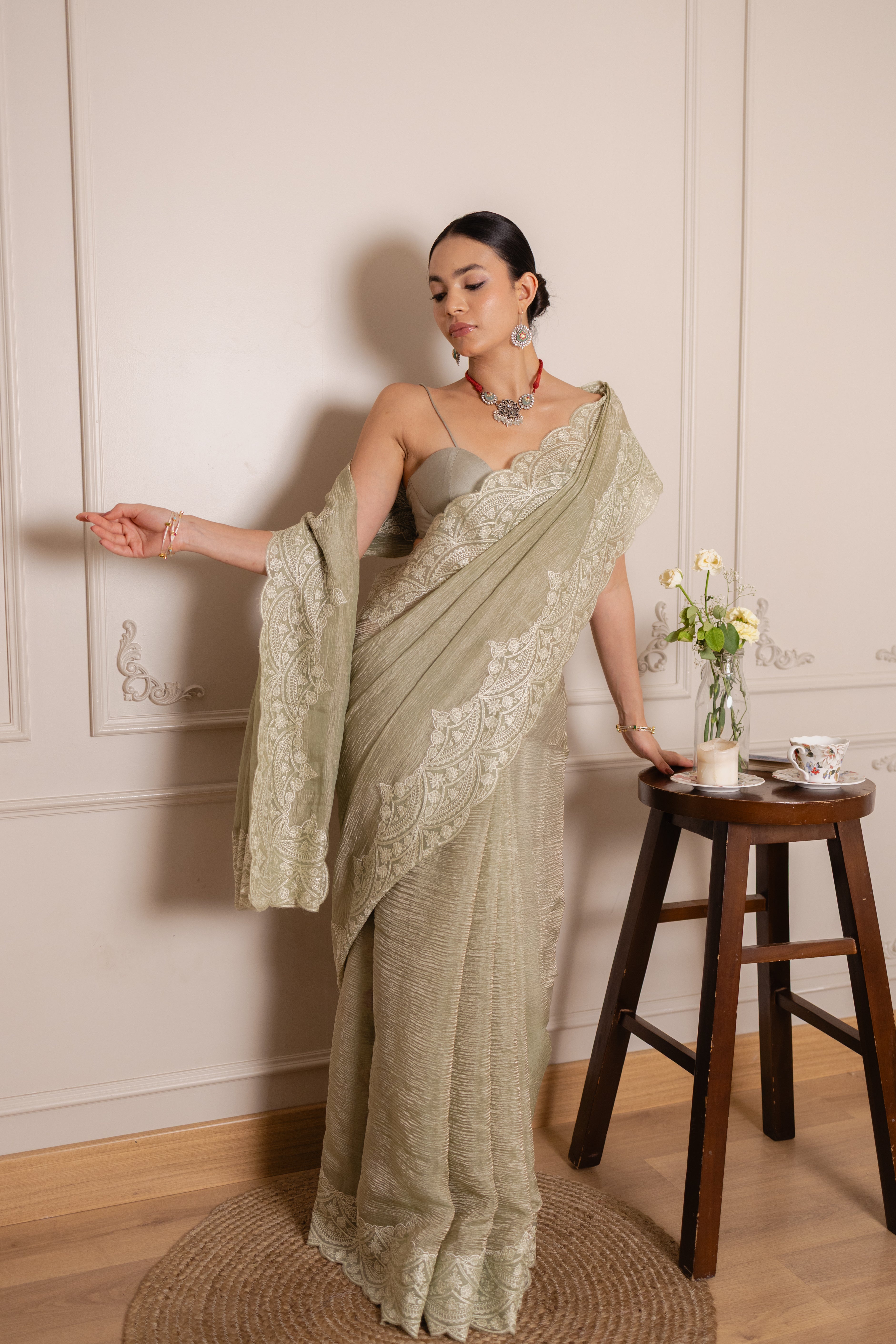 Olive Crushed Organza Silk Saree with Thread Embroidered Scallop Border