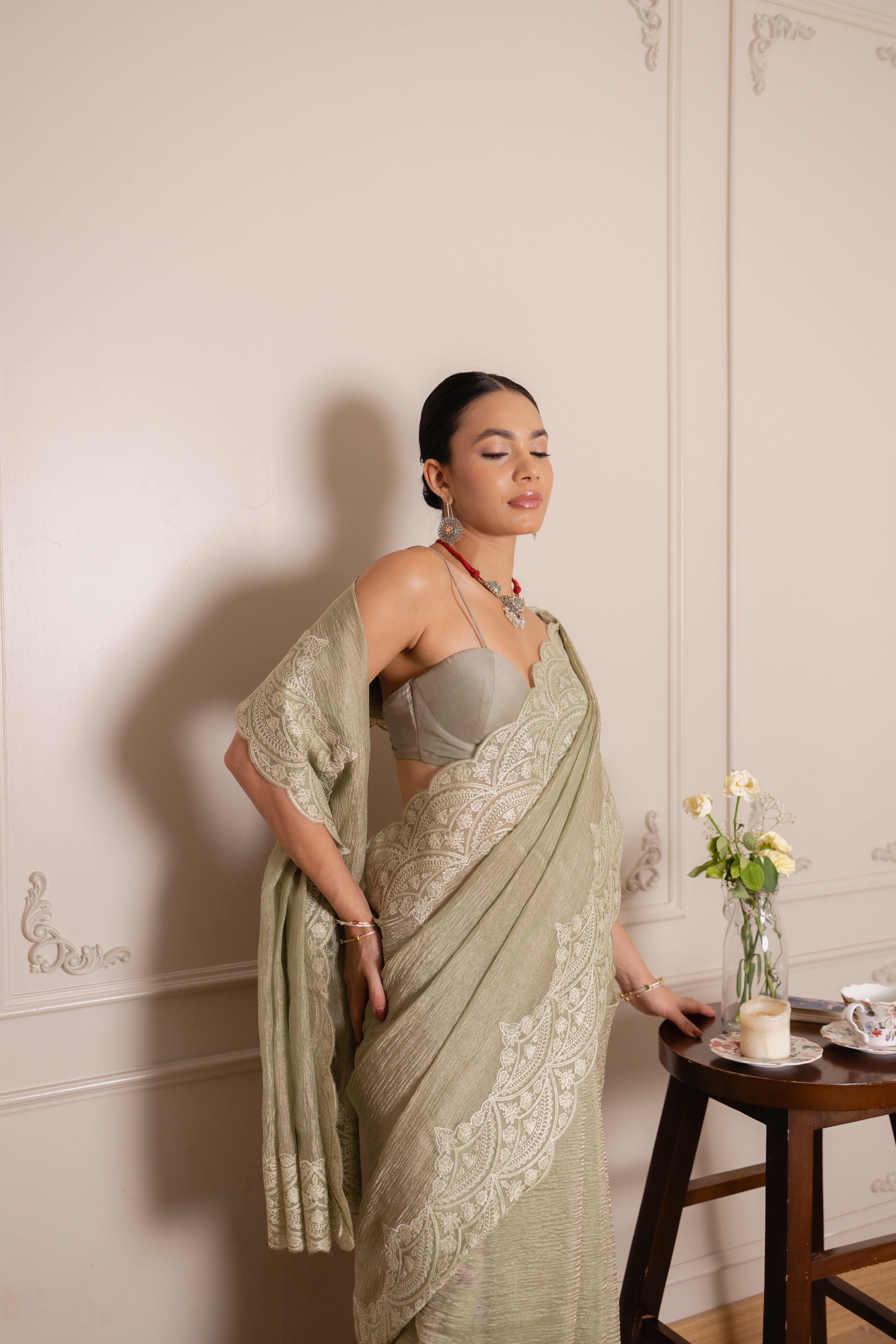 Olive Crushed Organza Silk Saree with Thread Embroidered Scallop Border