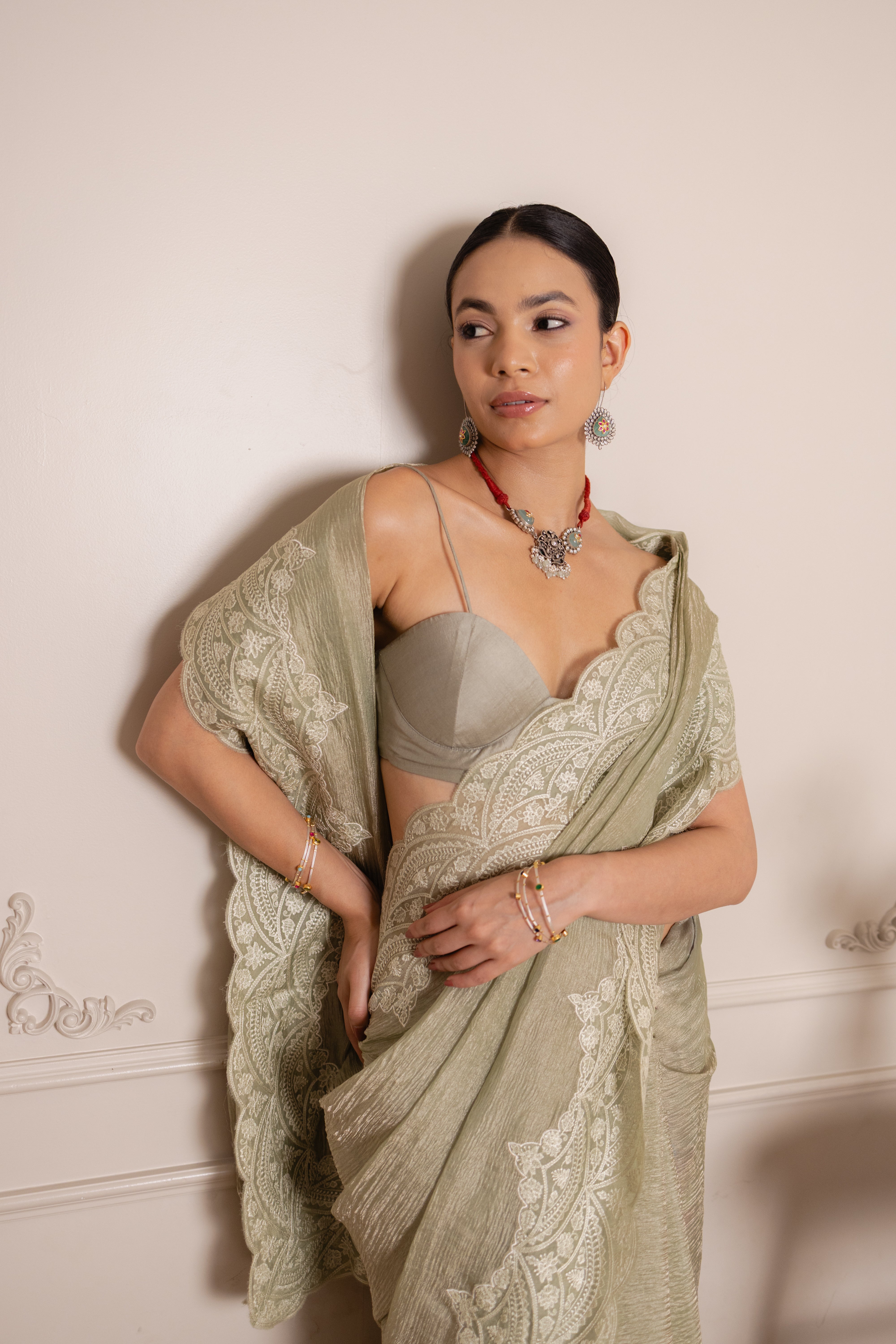 Olive Crushed Organza Silk Saree with Thread Embroidered Scallop Border