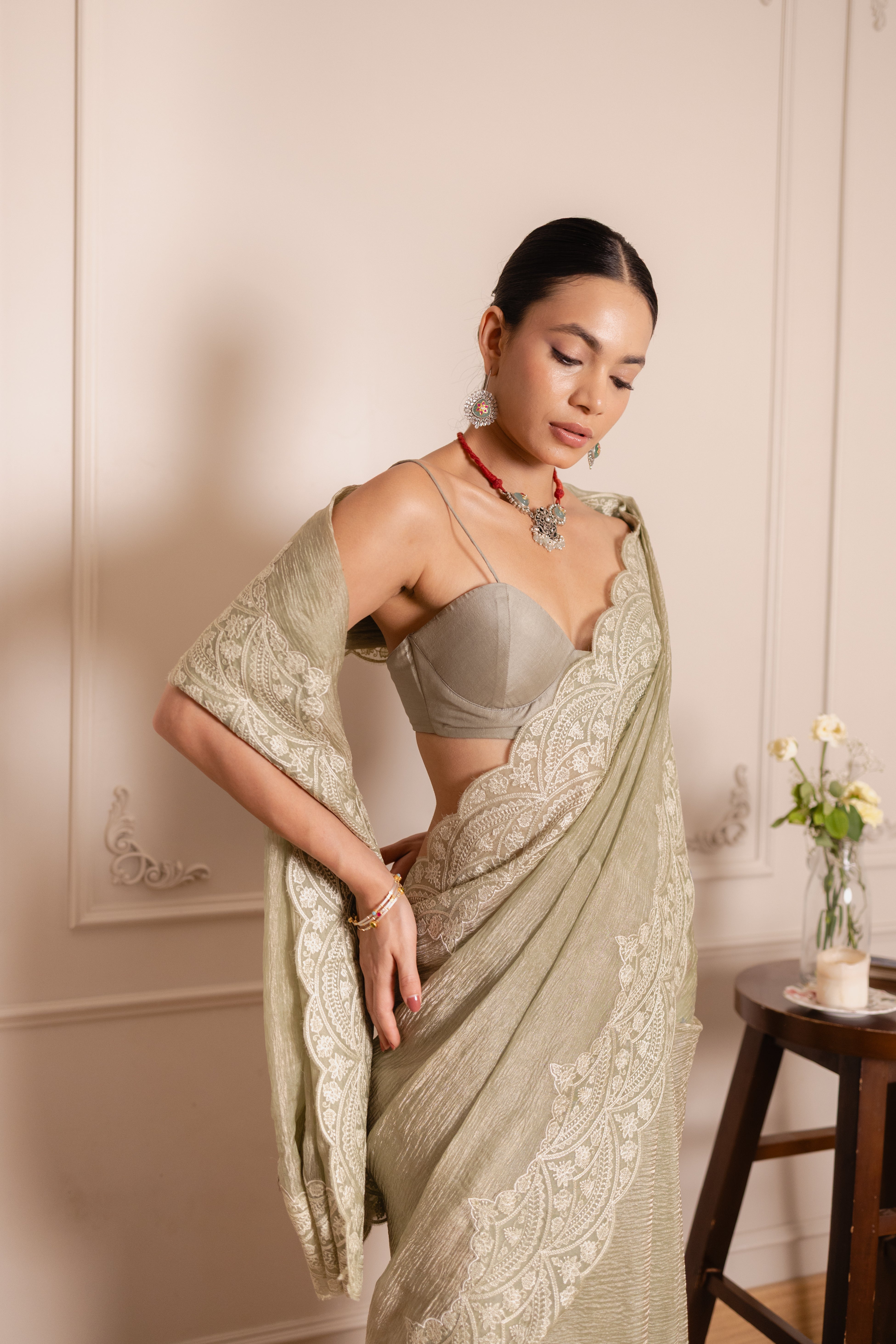 Olive Crushed Organza Silk Saree with Thread Embroidered Scallop Border