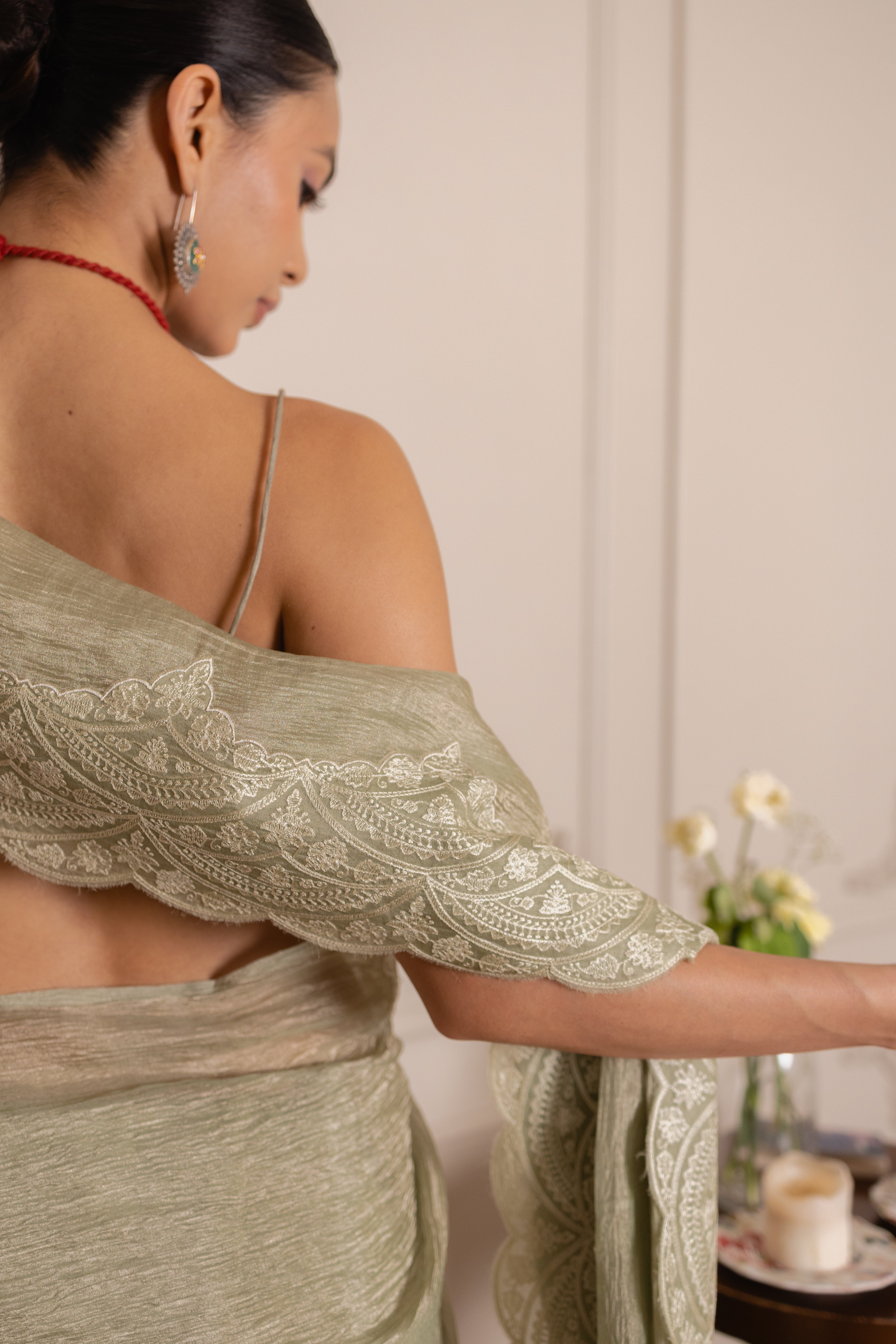 Olive Crushed Organza Silk Saree with Thread Embroidered Scallop Border