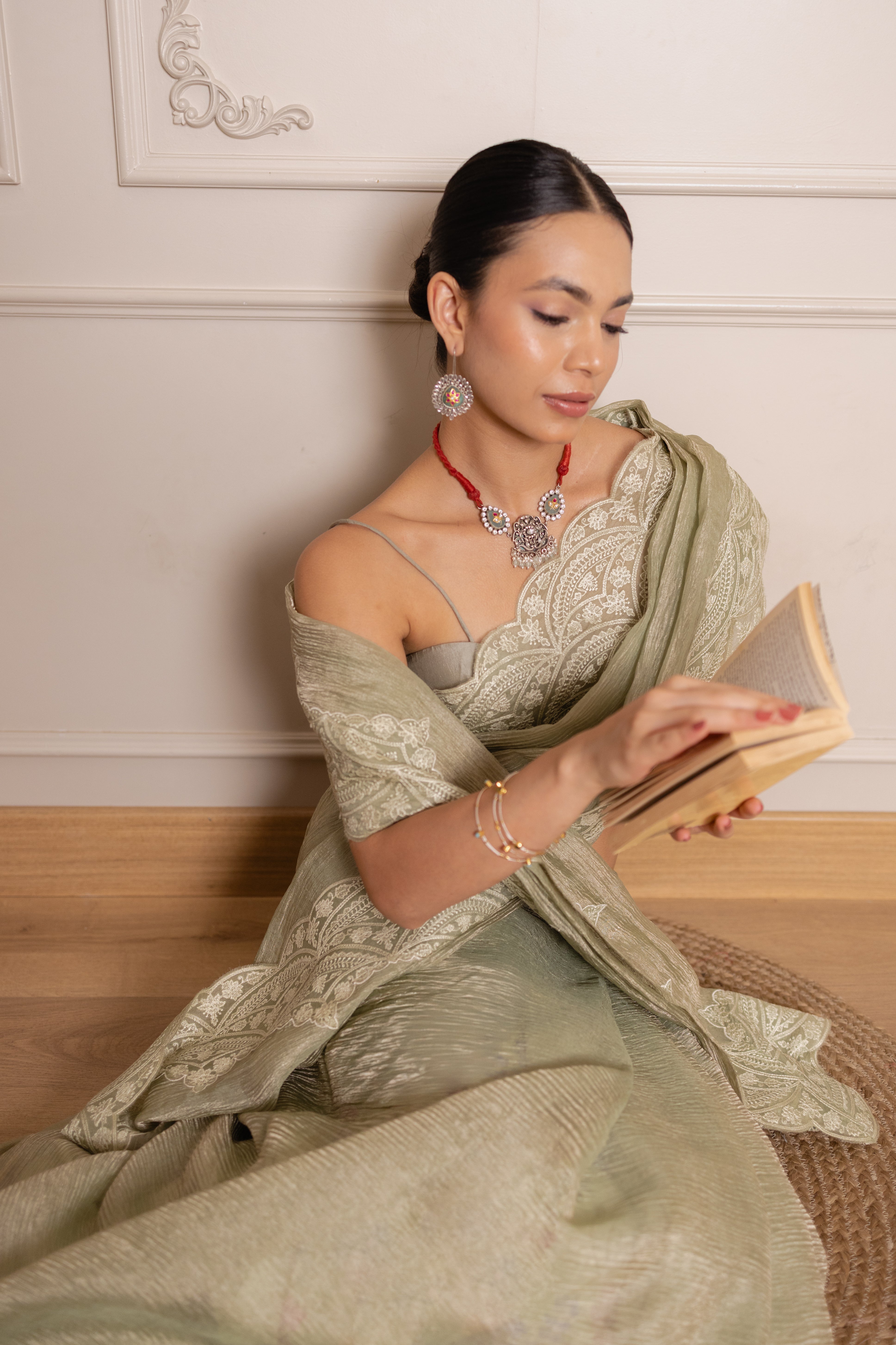 Olive Crushed Organza Silk Saree with Thread Embroidered Scallop Border