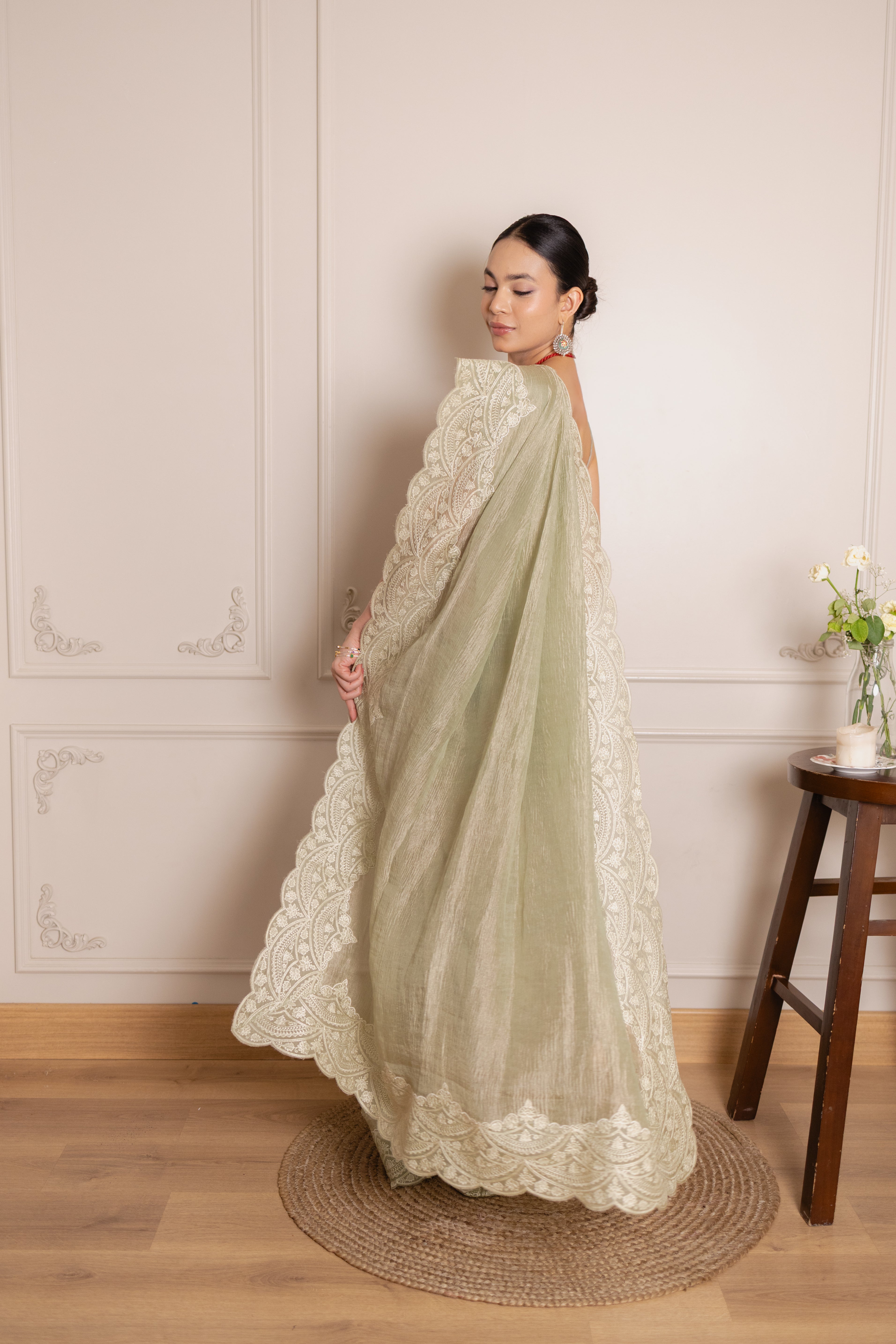 Olive Crushed Organza Silk Saree with Thread Embroidered Scallop Border