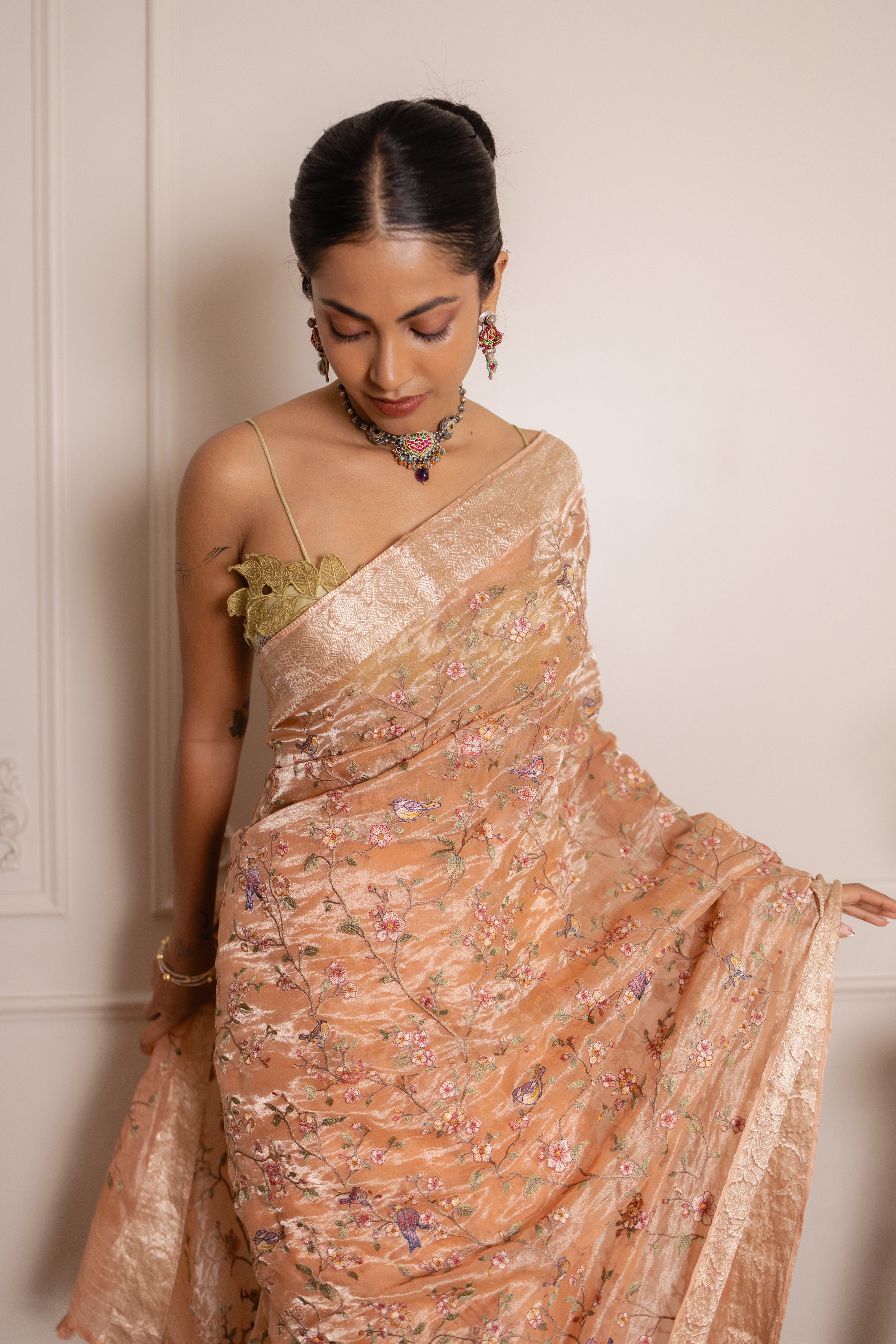 Floral Embroidered Tissue Silk Saree