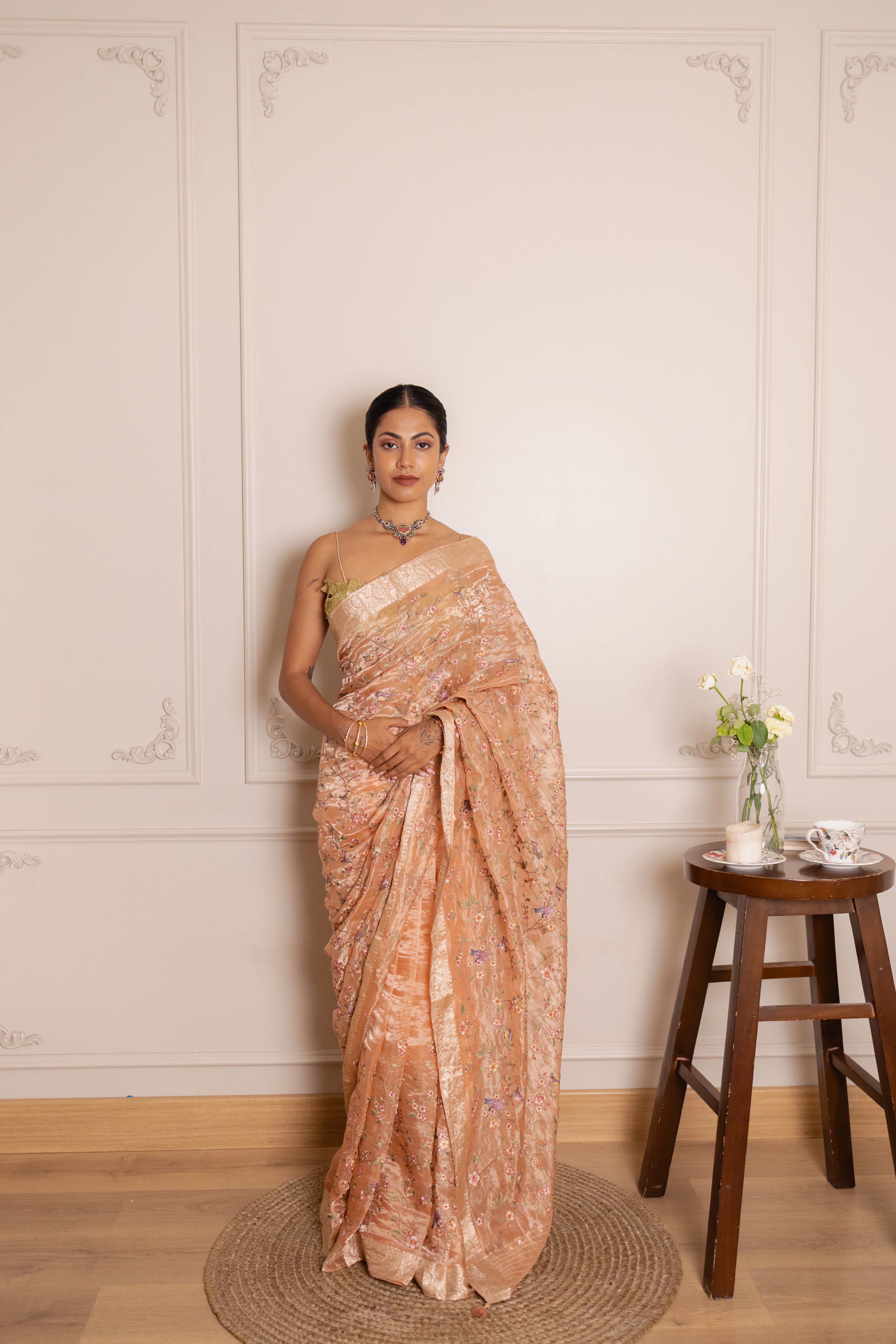 Floral Embroidered Tissue Silk Saree