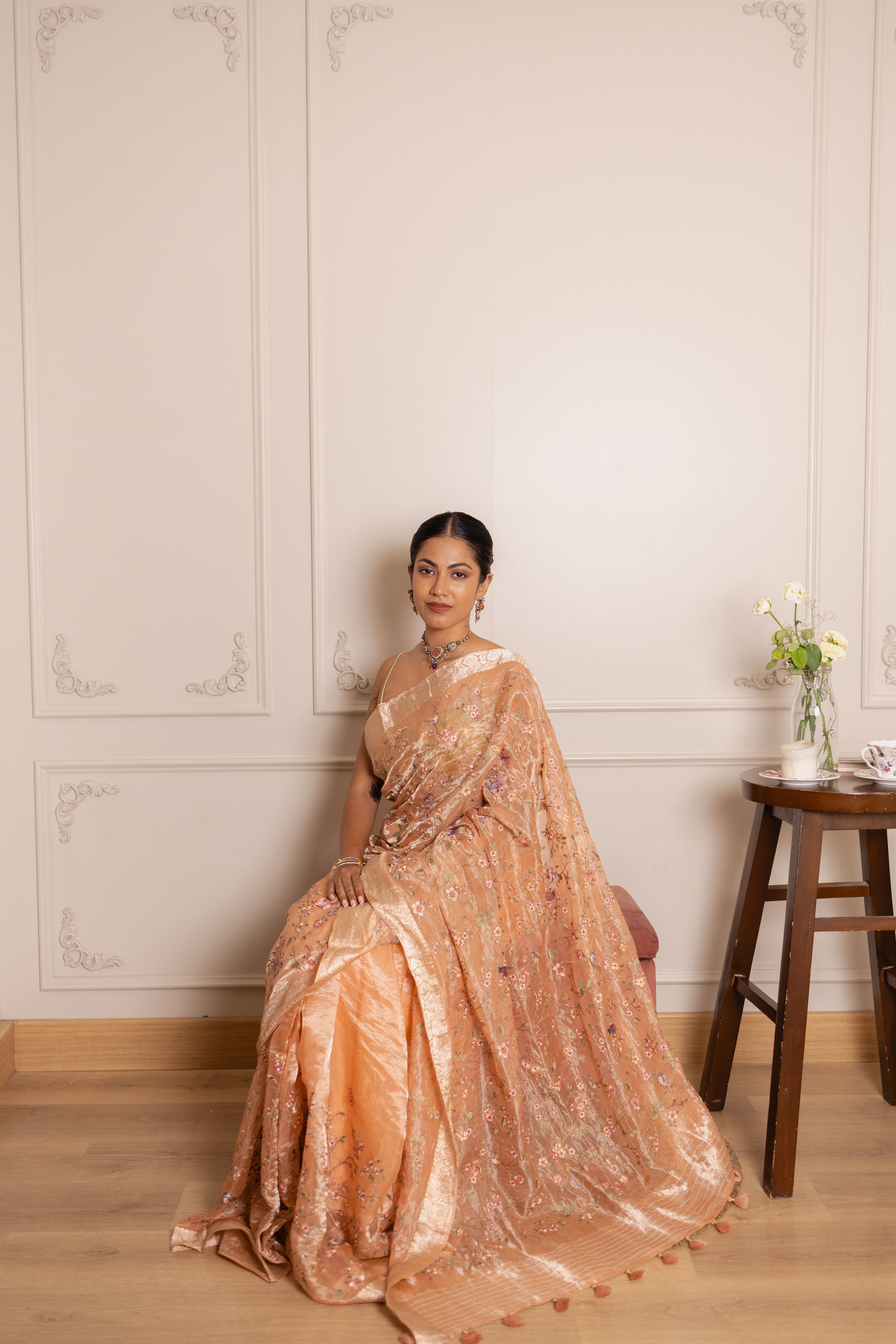 Floral Embroidered Tissue Silk Saree