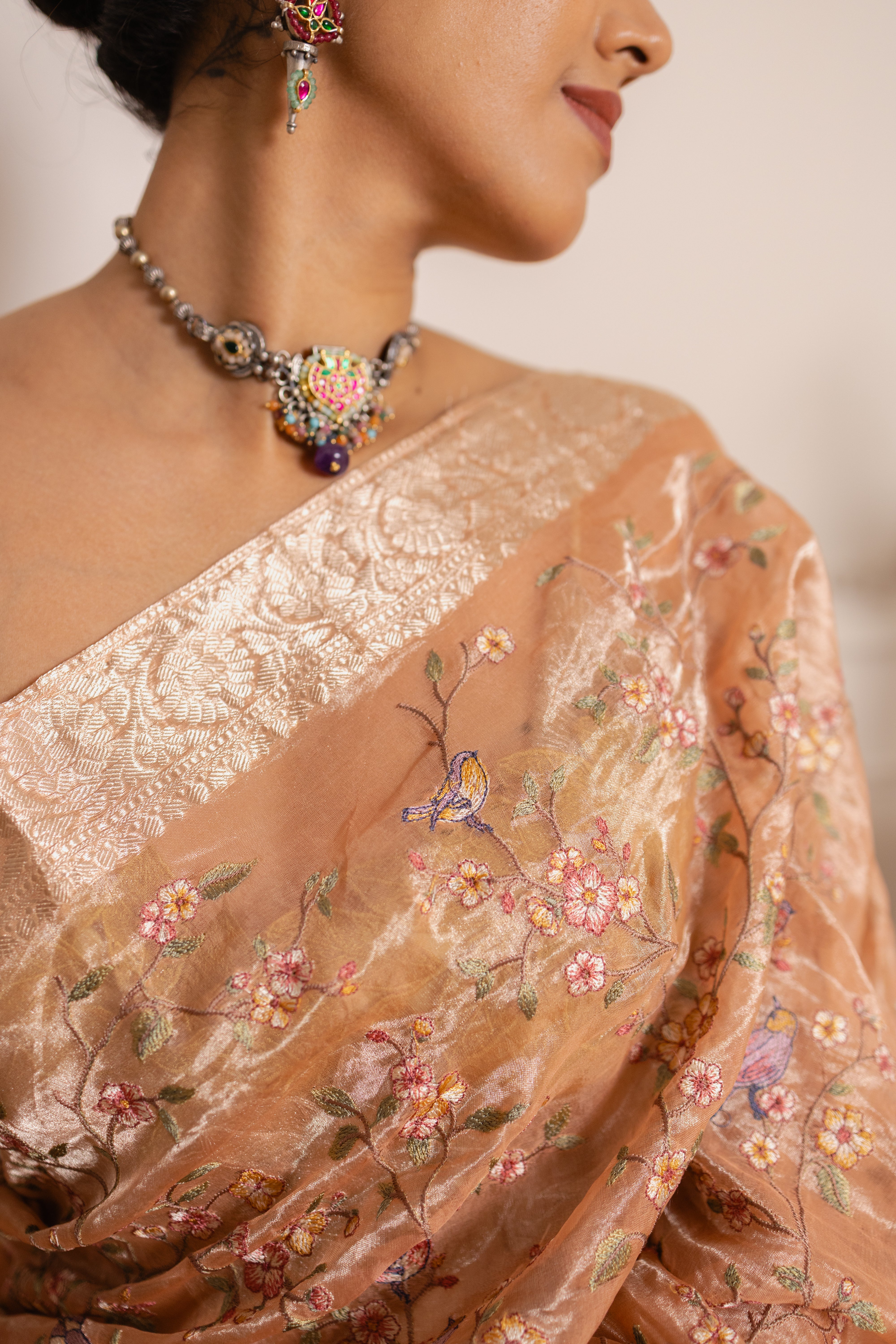 Floral Embroidered Tissue Silk Saree