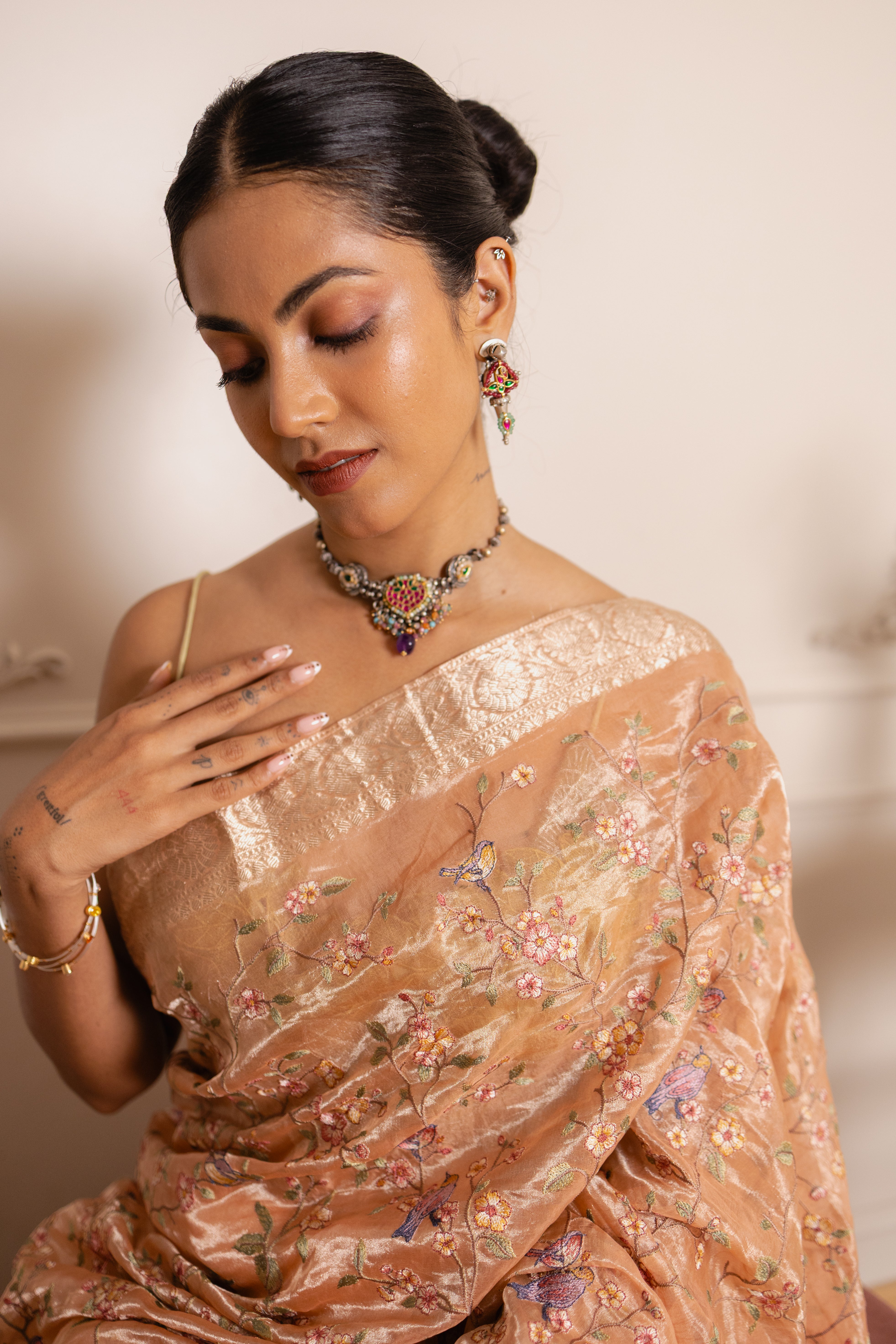 Floral Embroidered Tissue Silk Saree
