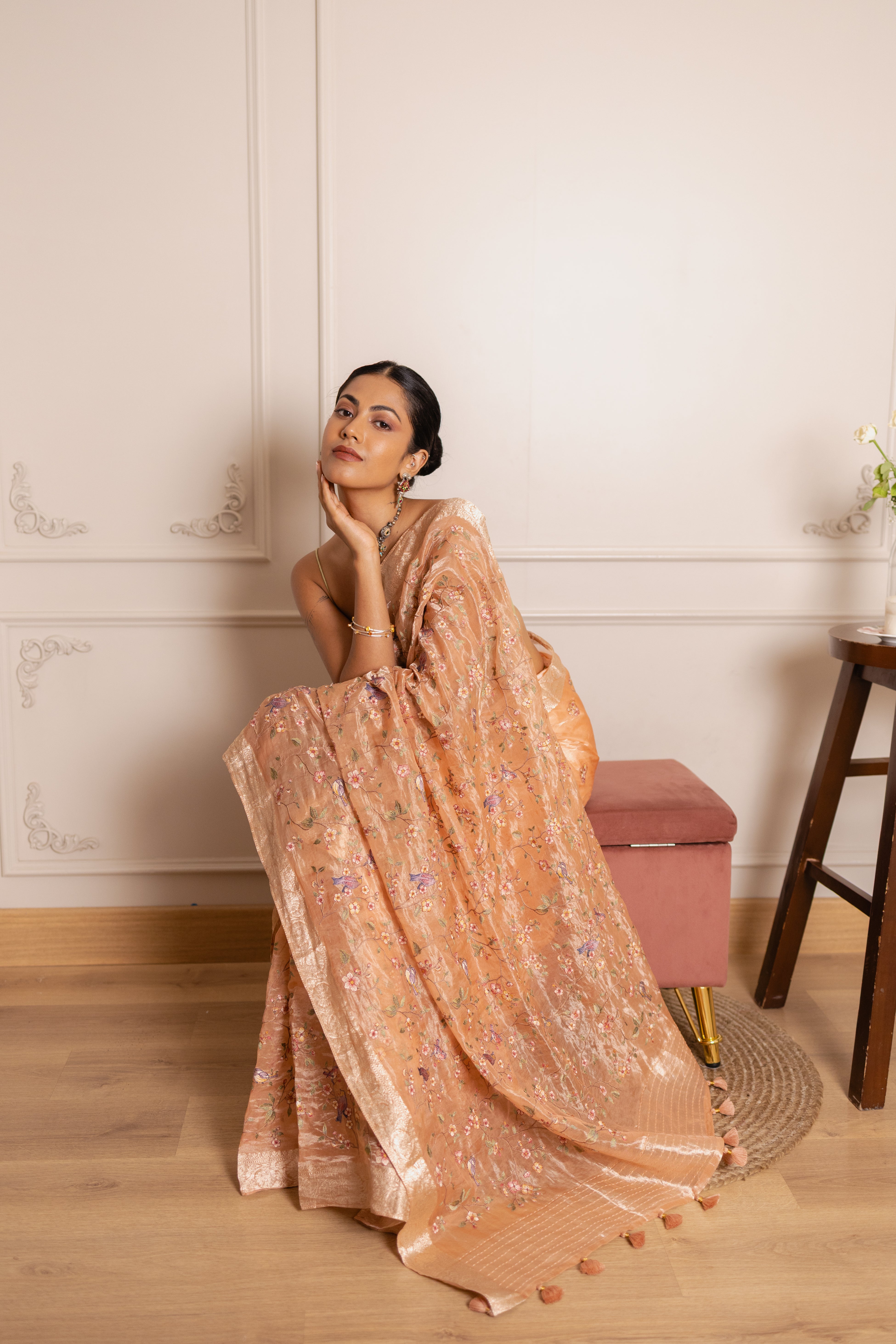 Floral Embroidered Tissue Silk Saree