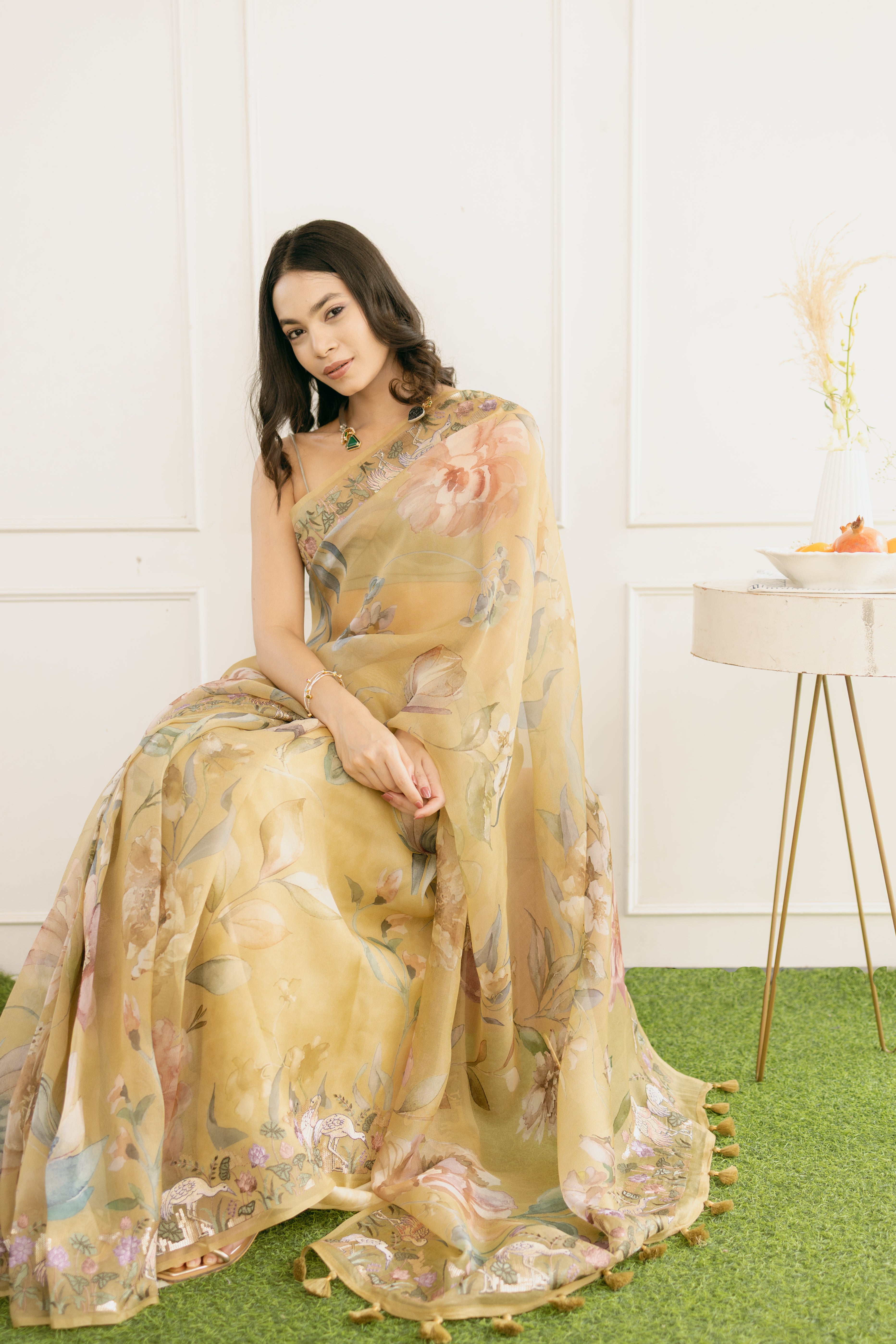 Pure Organza Silk Floral Printed Saree with Embroidered Flamingo Border