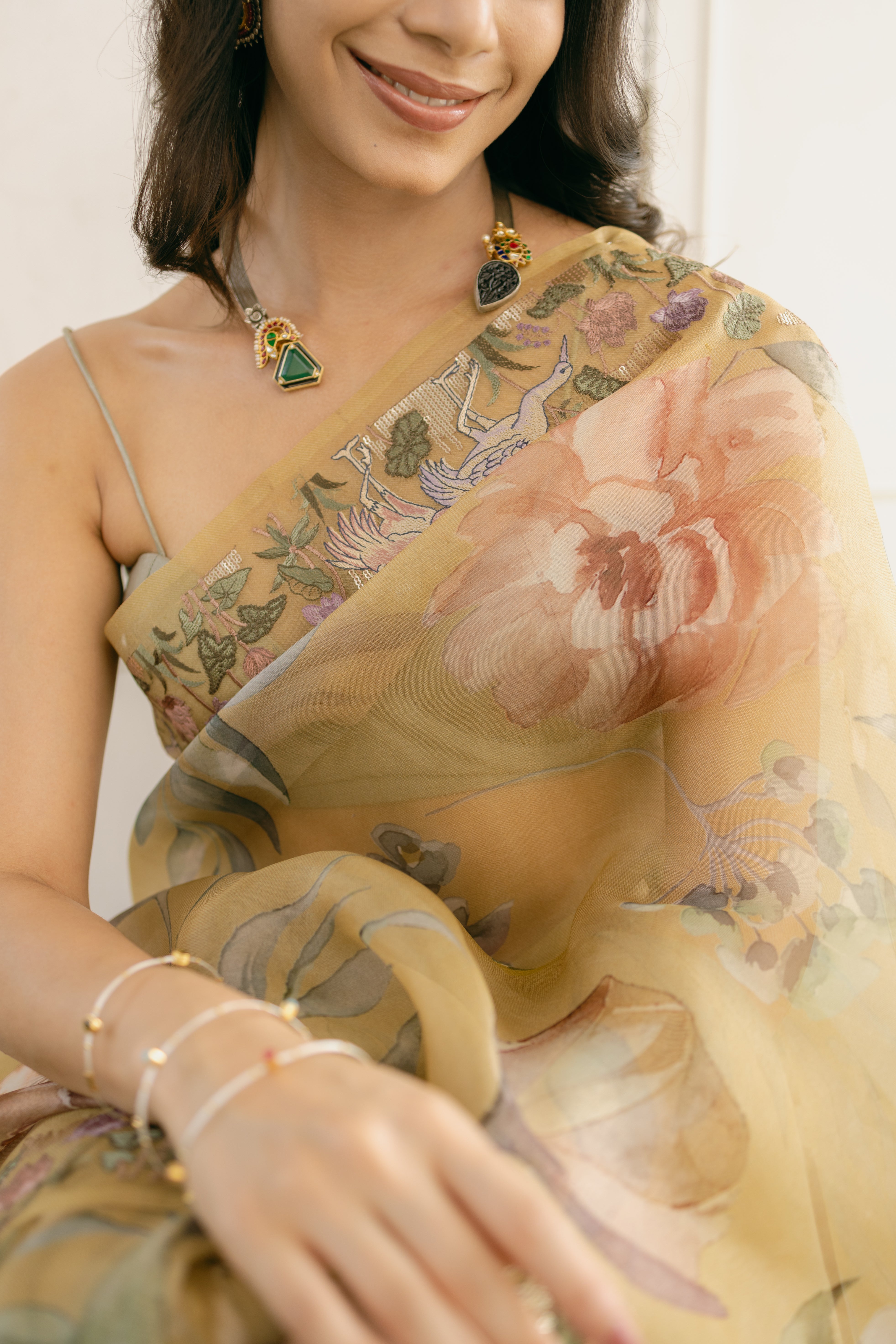 Pure Organza Silk Floral Printed Saree with Embroidered Flamingo Border