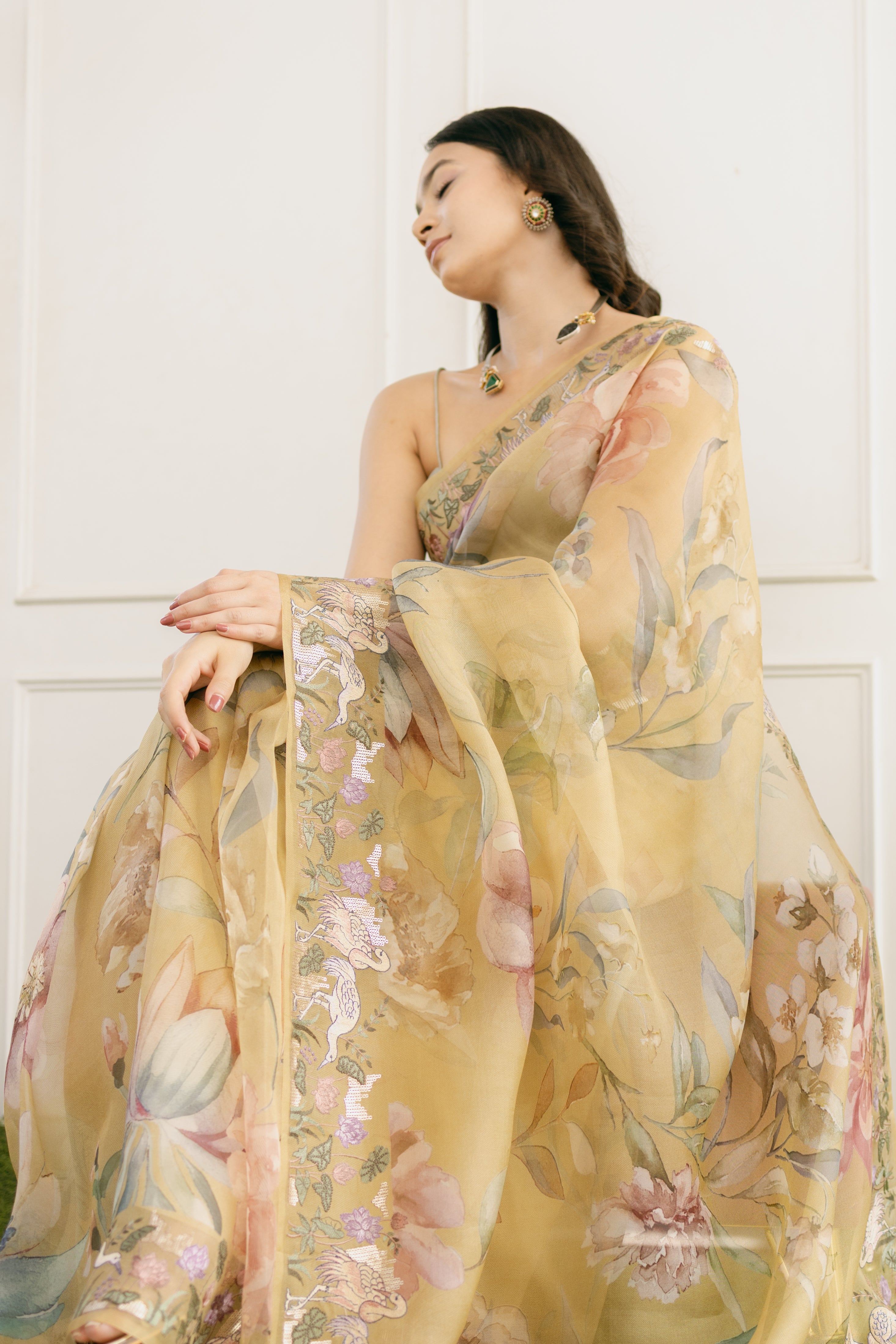 Pure Organza Silk Floral Printed Saree with Embroidered Flamingo Border