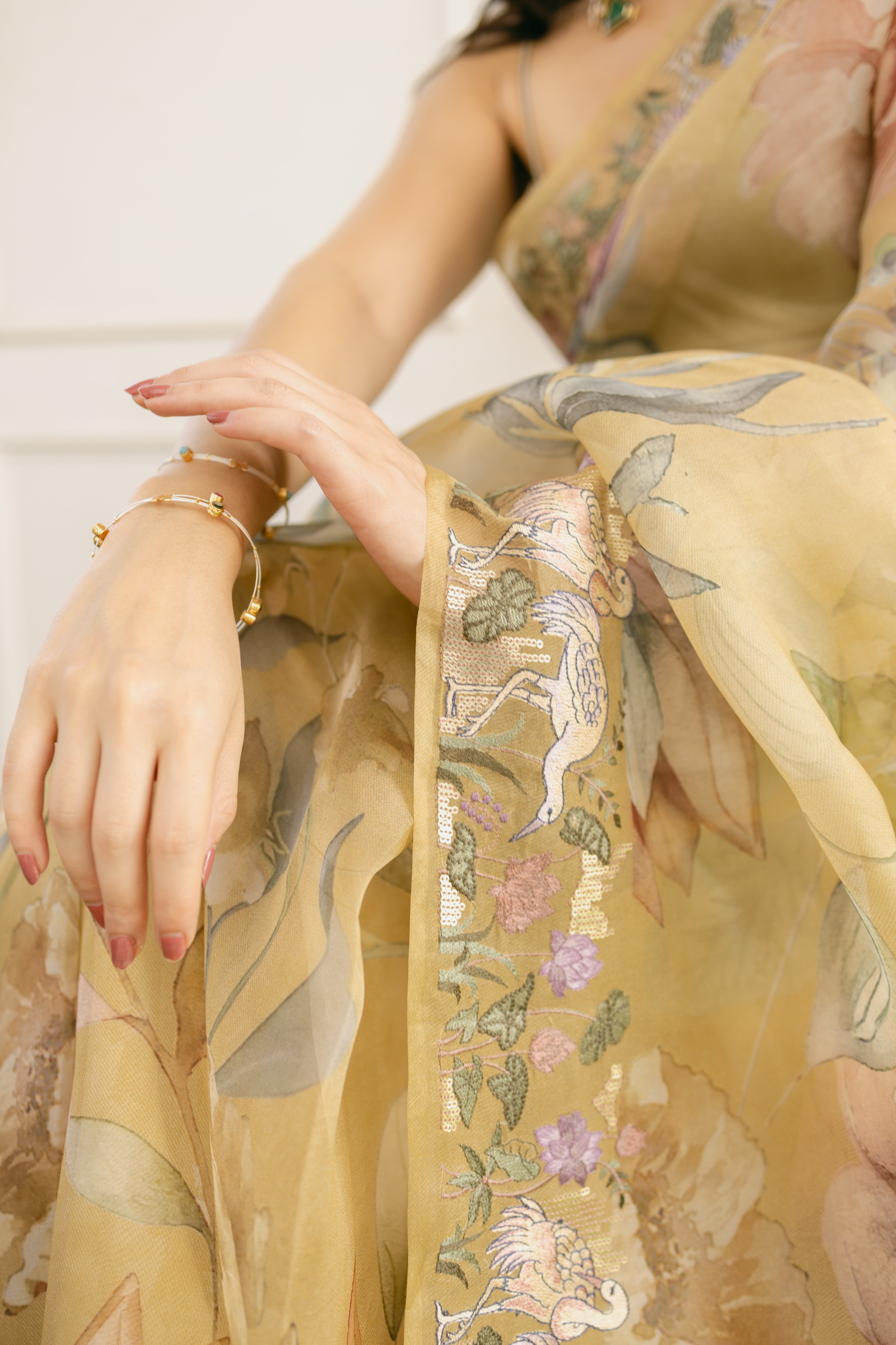 Pure Organza Silk Floral Printed Saree with Embroidered Flamingo Border