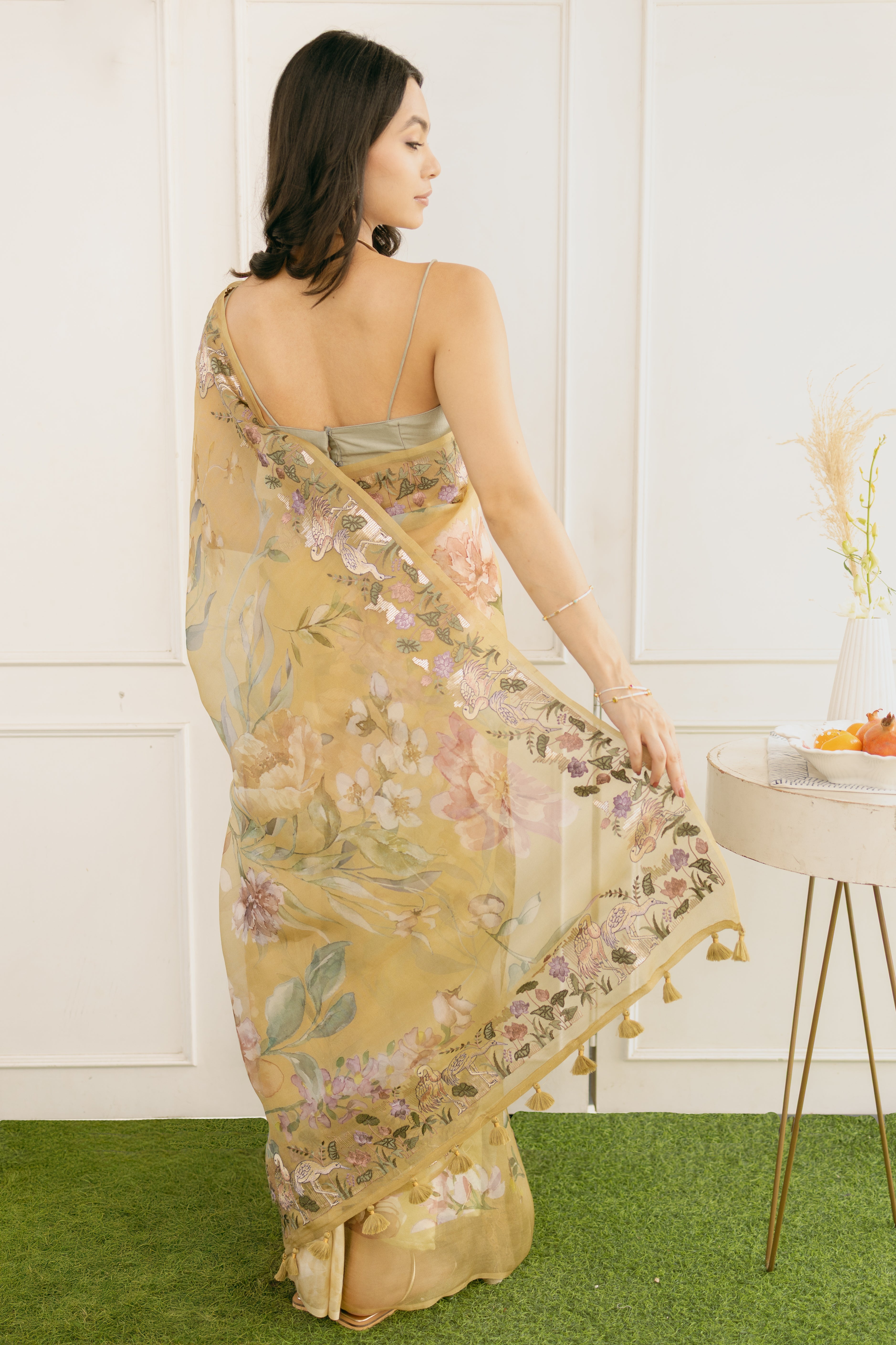 Pure Organza Silk Floral Printed Saree with Embroidered Flamingo Border