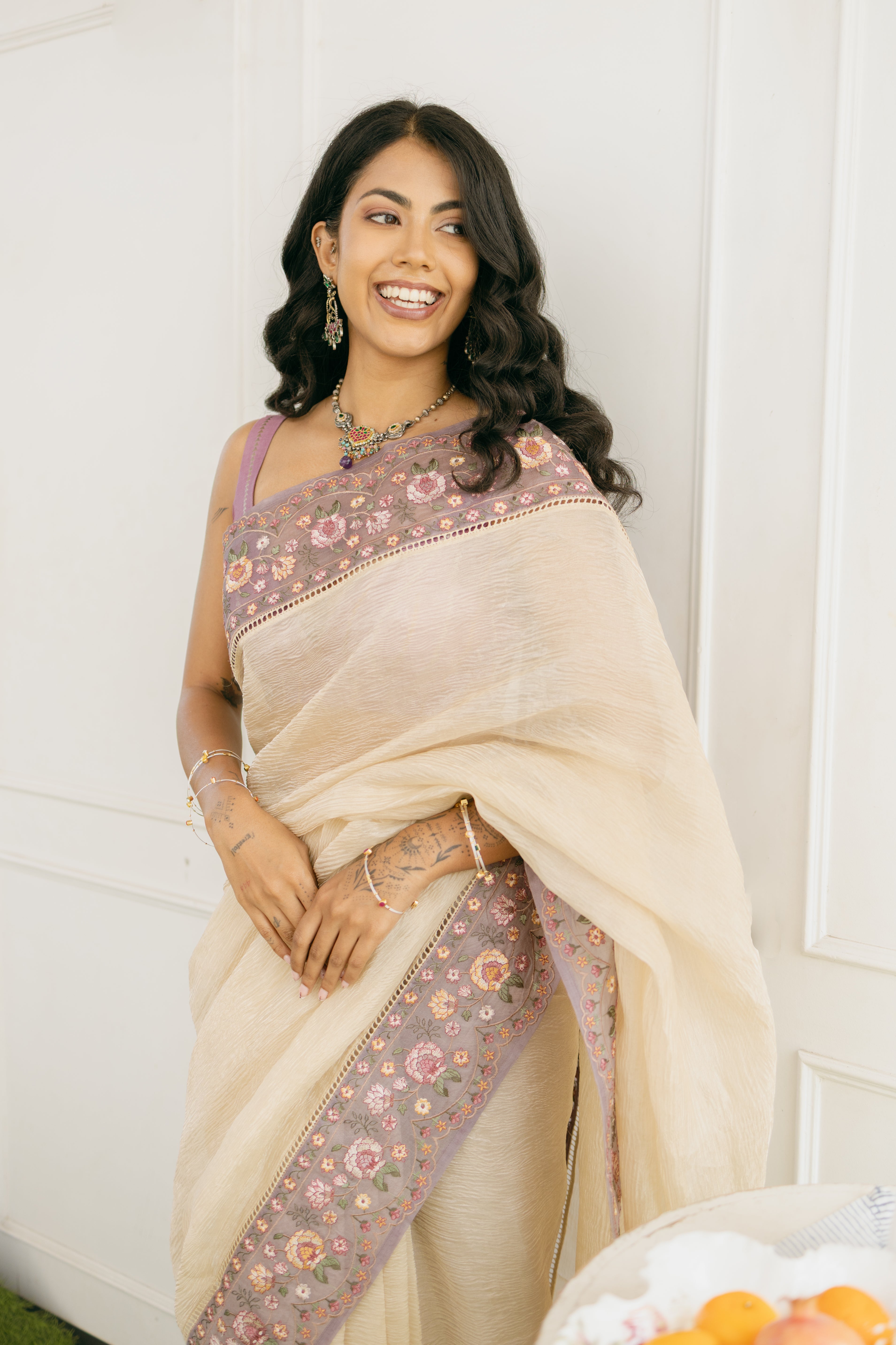 Ivory Crushed Organza Silk Saree with Lilac Threadwork Border