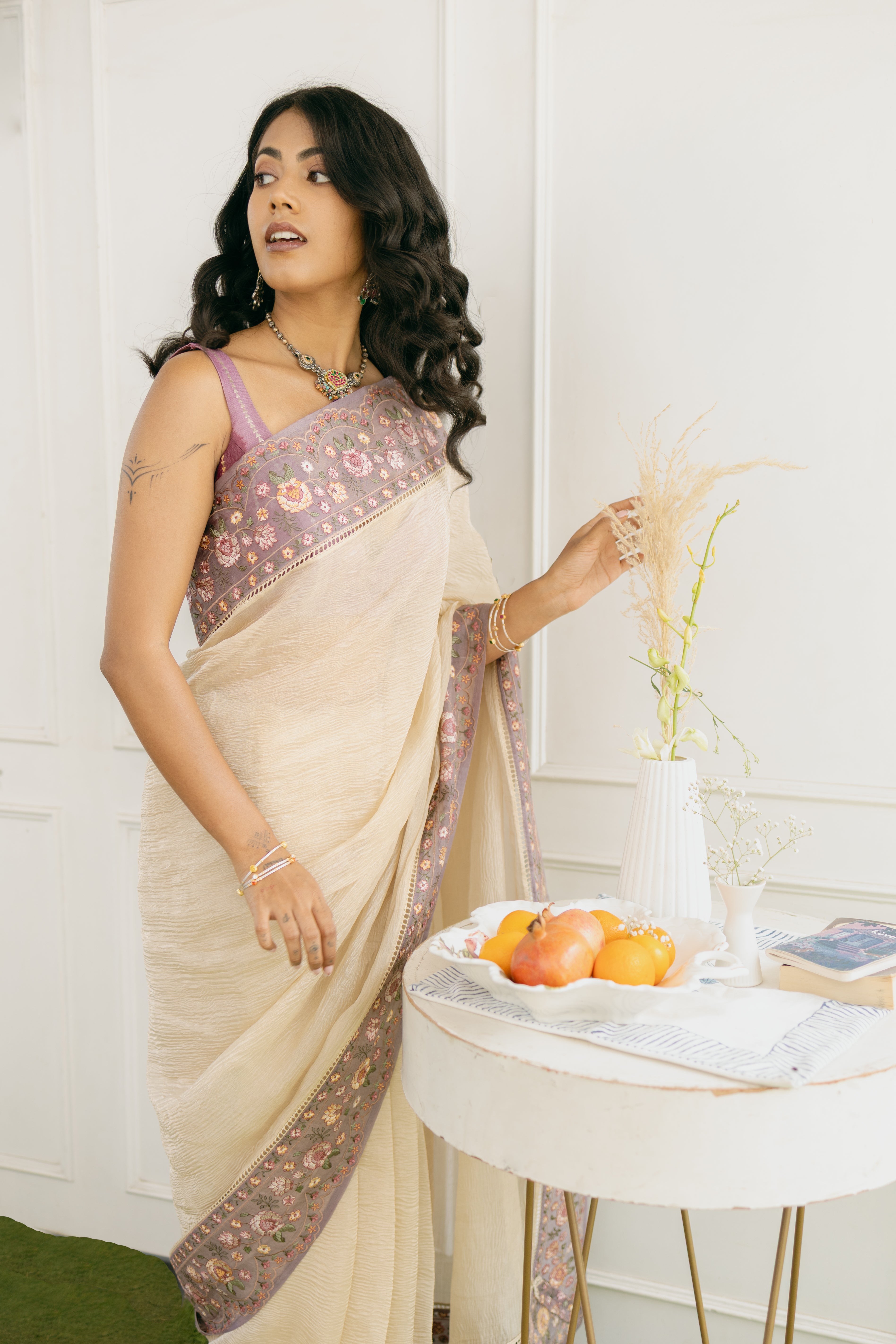 Ivory Crushed Organza Silk Saree with Lilac Threadwork Border