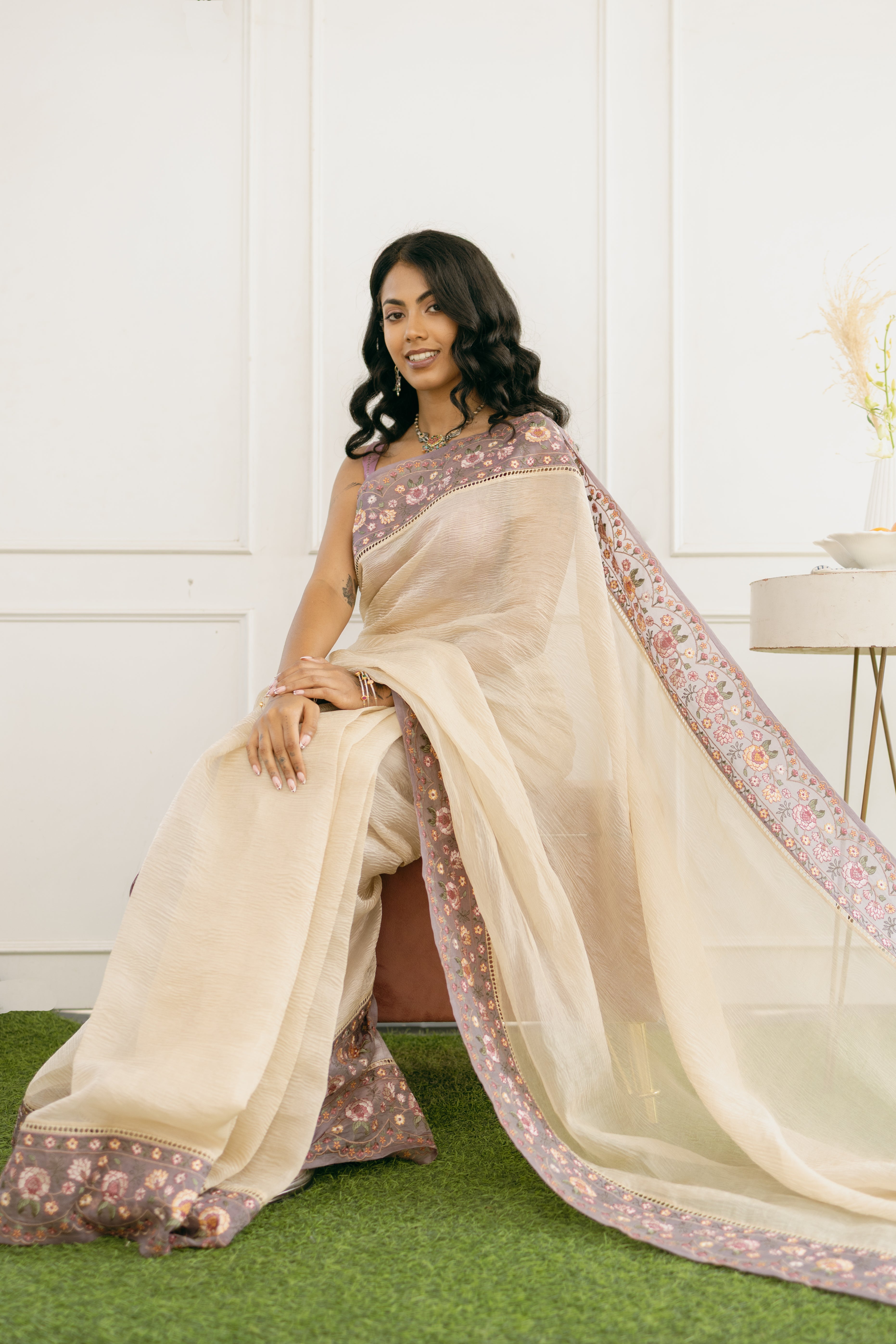 Ivory Crushed Organza Silk Saree with Lilac Threadwork Border