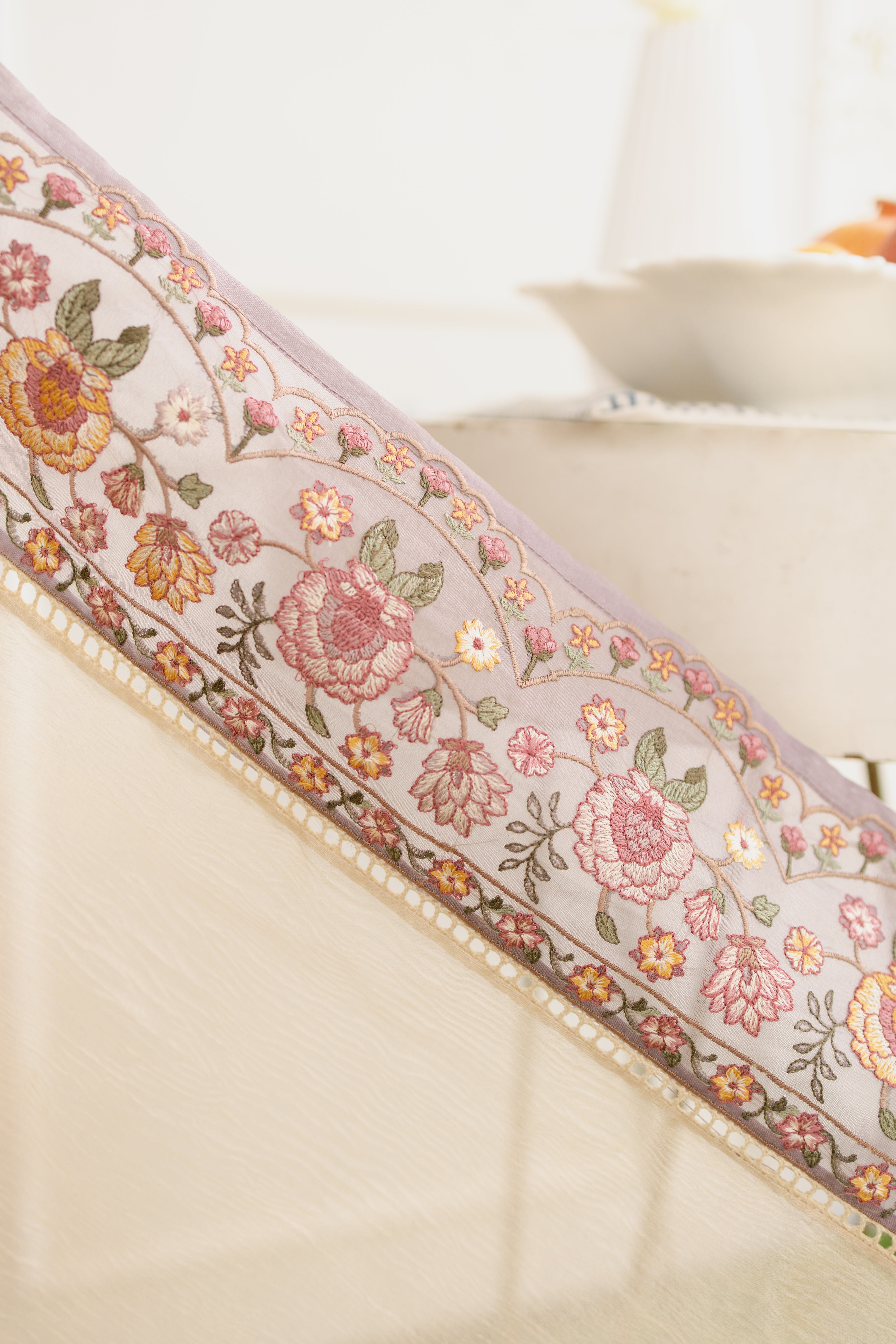 Ivory Crushed Organza Silk Saree with Lilac Threadwork Border