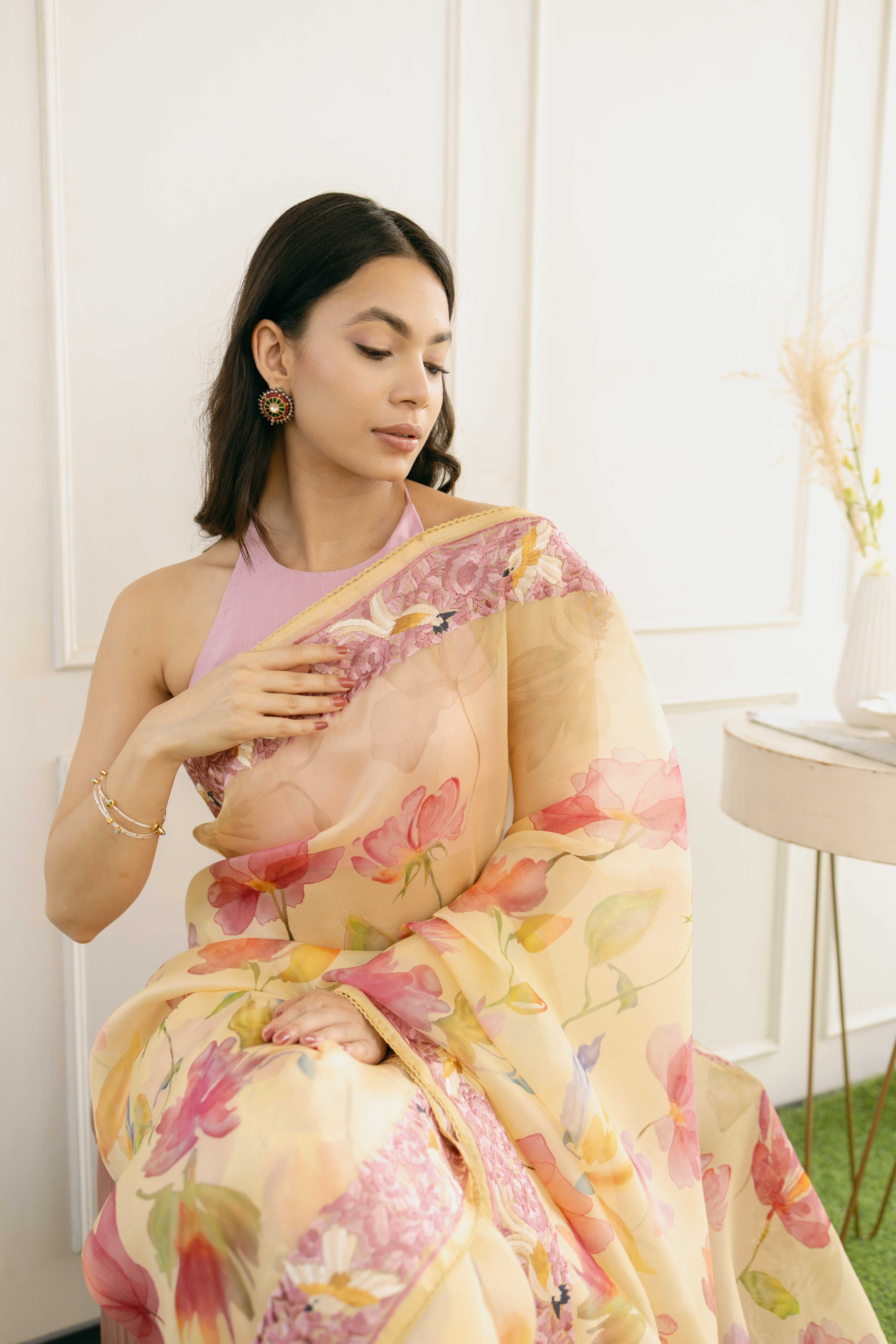 Sunlit Floral Organza Saree with Embroidered Border and Birds