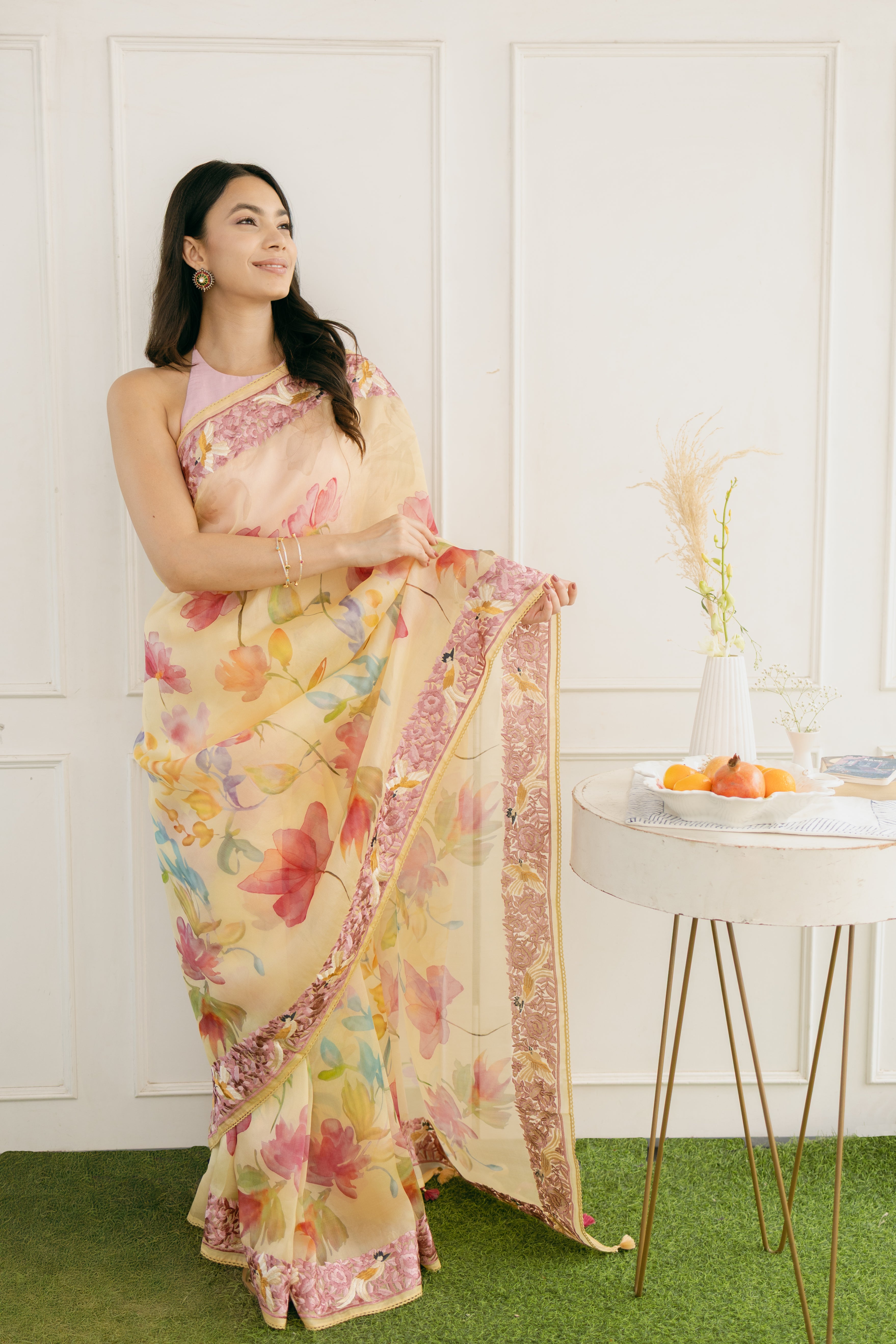 Sunlit Floral Organza Saree with Embroidered Border and Birds