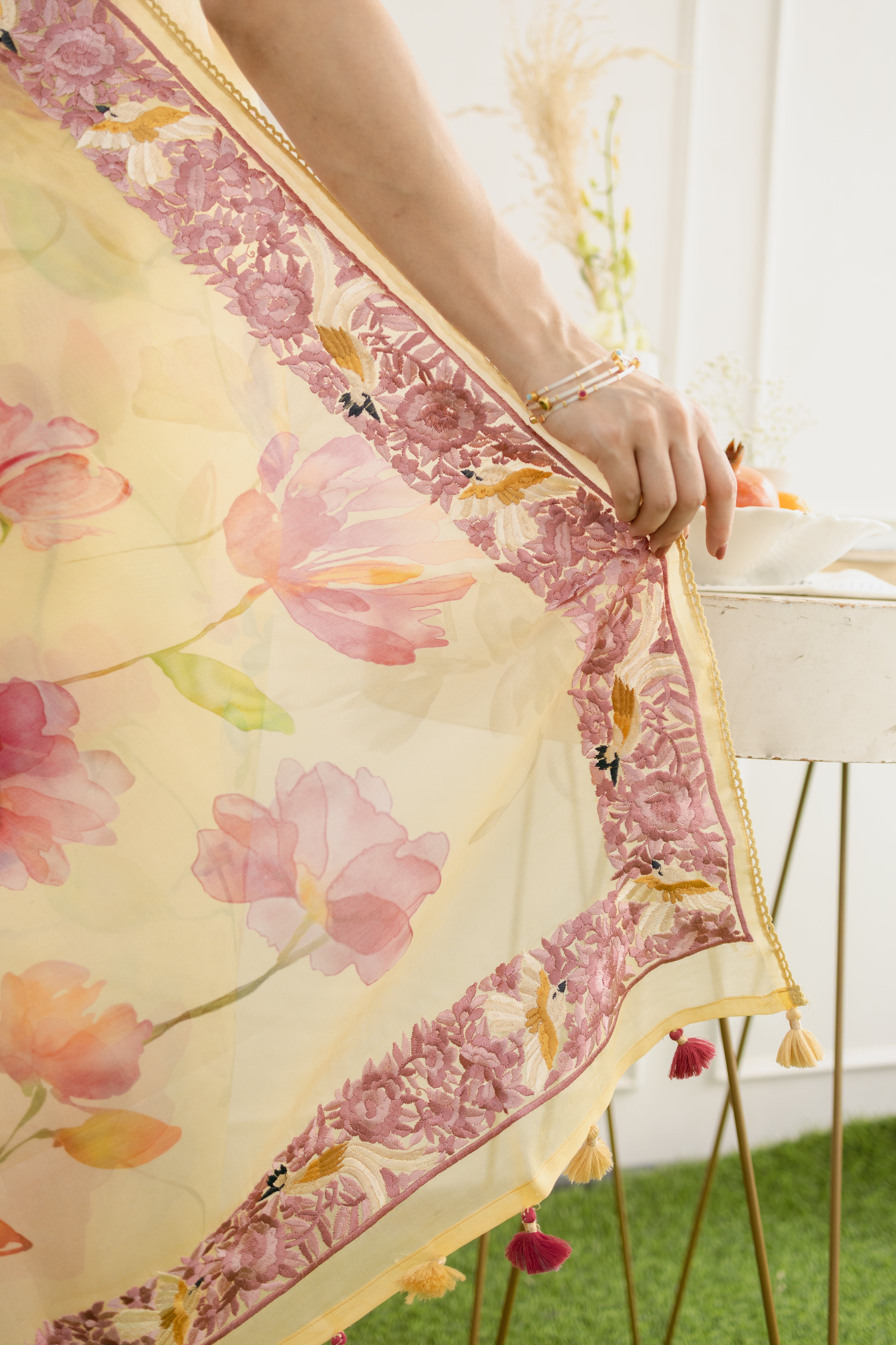 Sunlit Floral Organza Saree with Embroidered Border and Birds