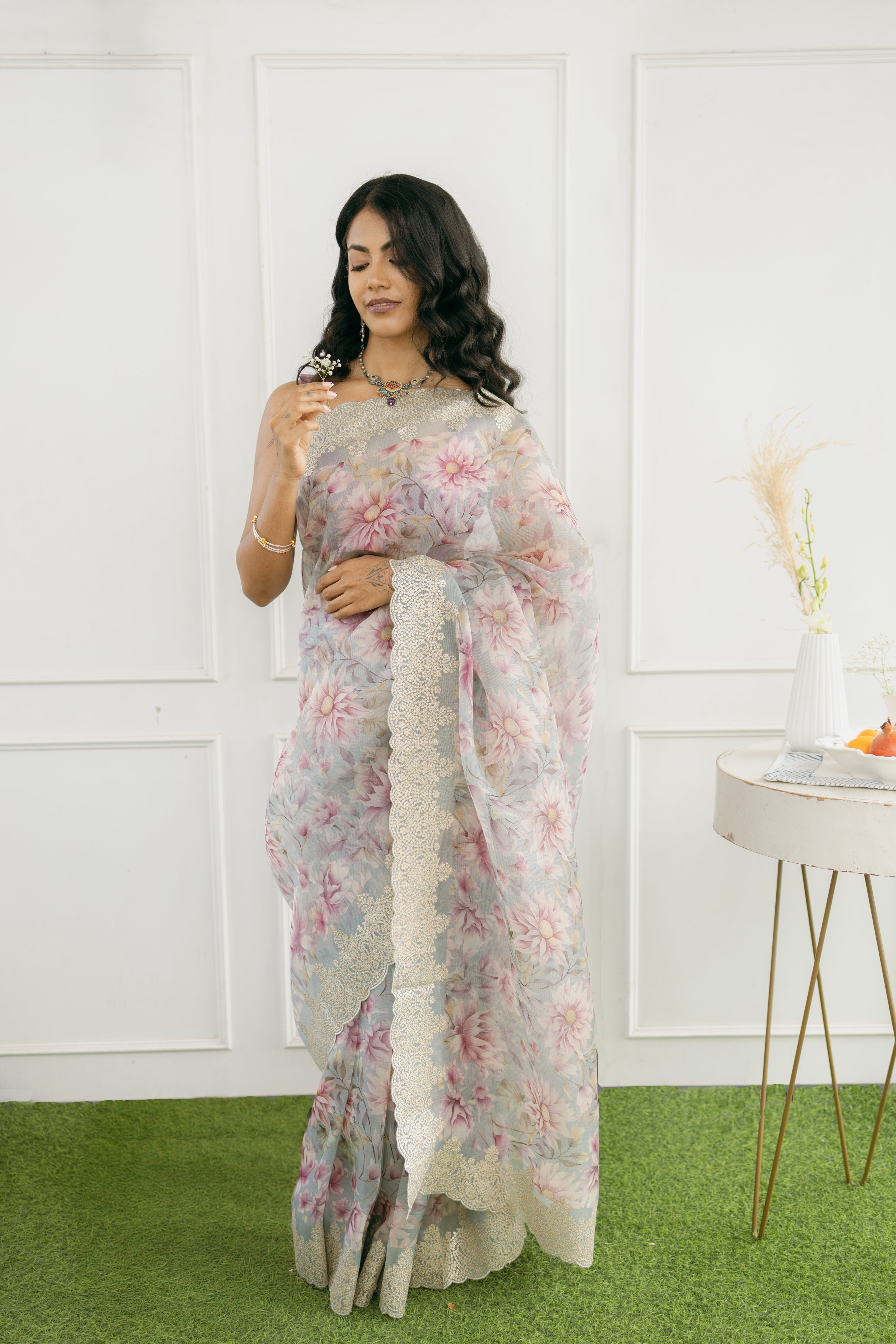 Blush Bloom Floral Organza Silk Saree with Embroidered Border