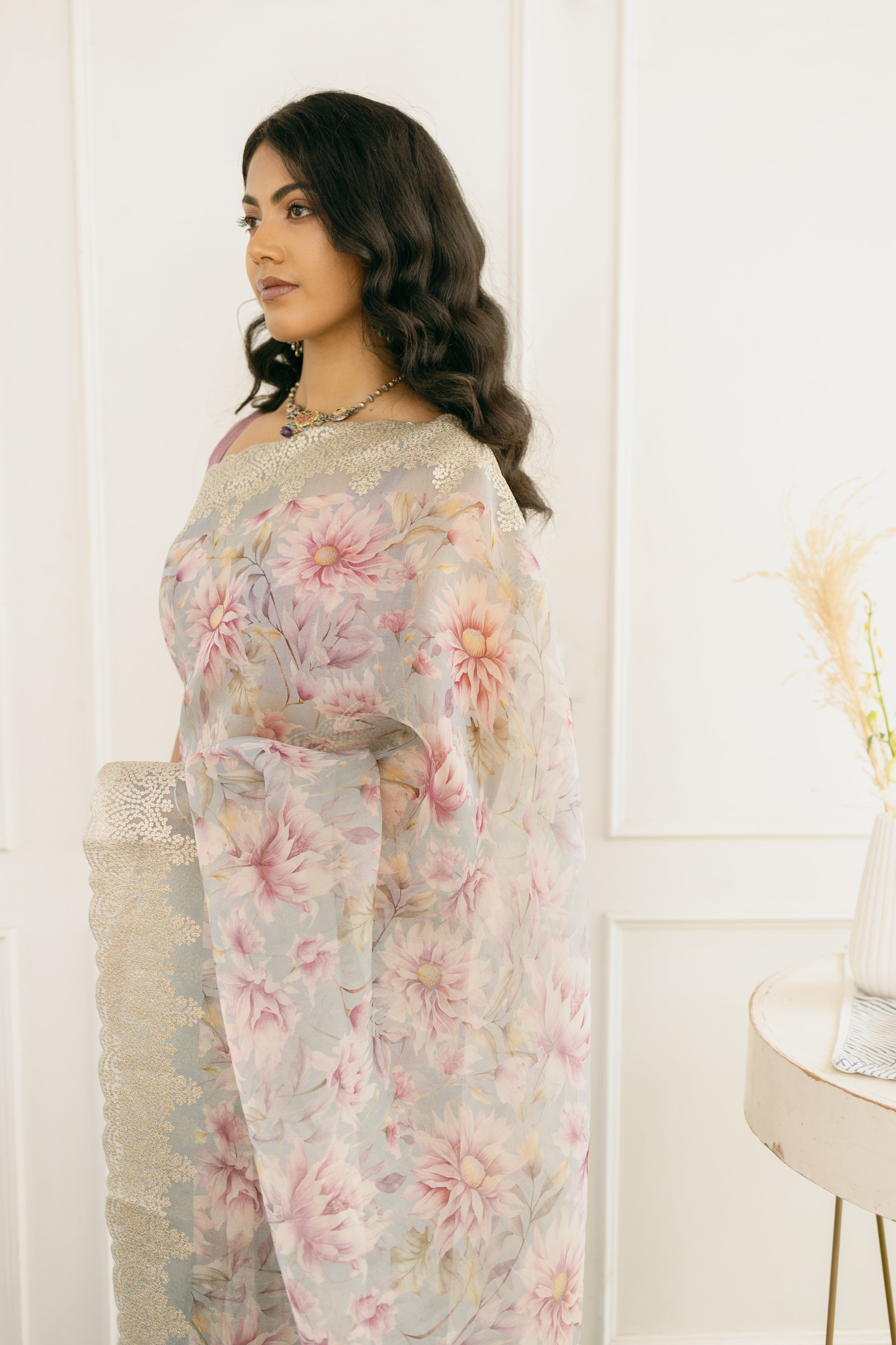 Blush Bloom Floral Organza Silk Saree with Embroidered Border