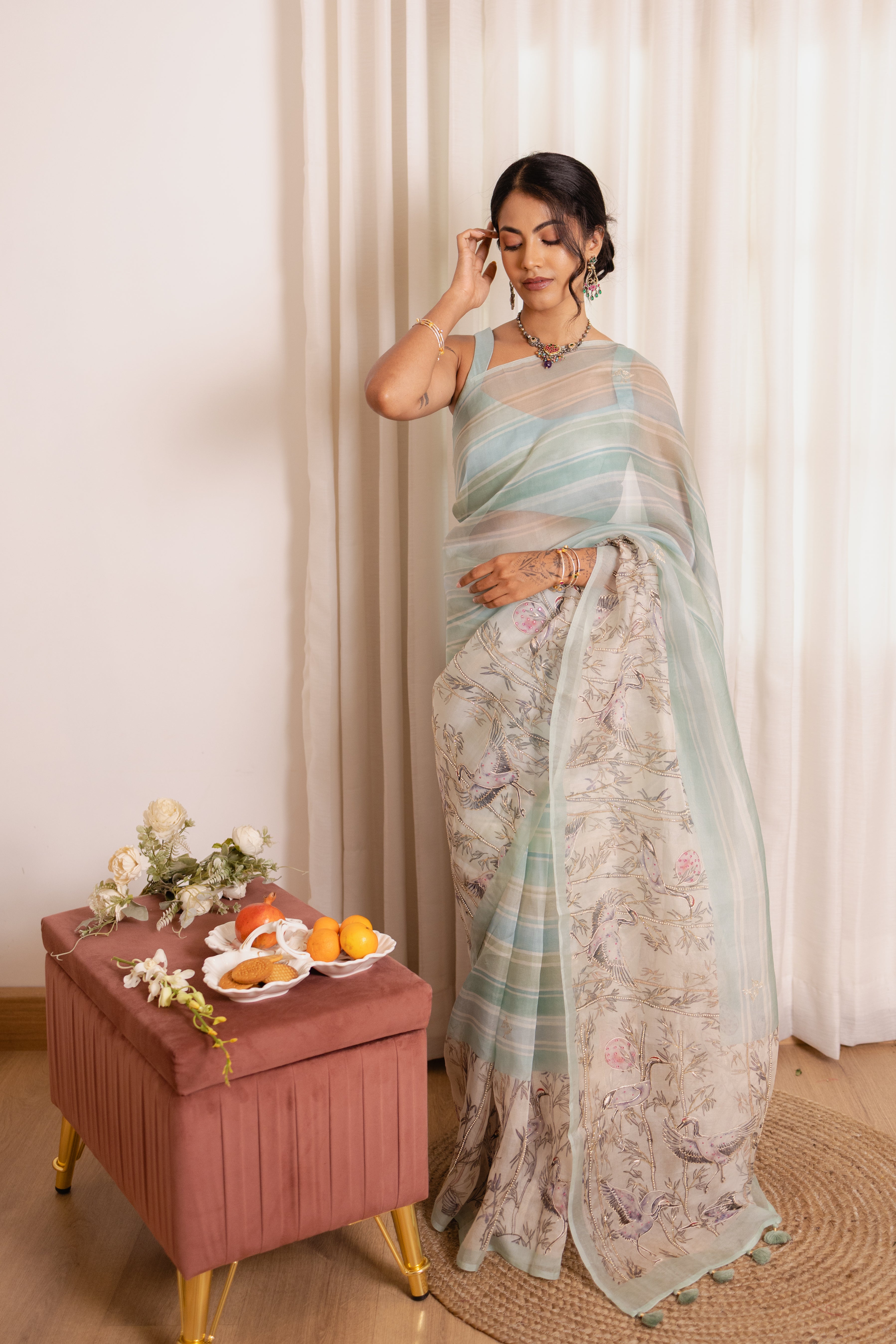 Pastel Heron Print Organza Silk Saree with Zardozi Accents