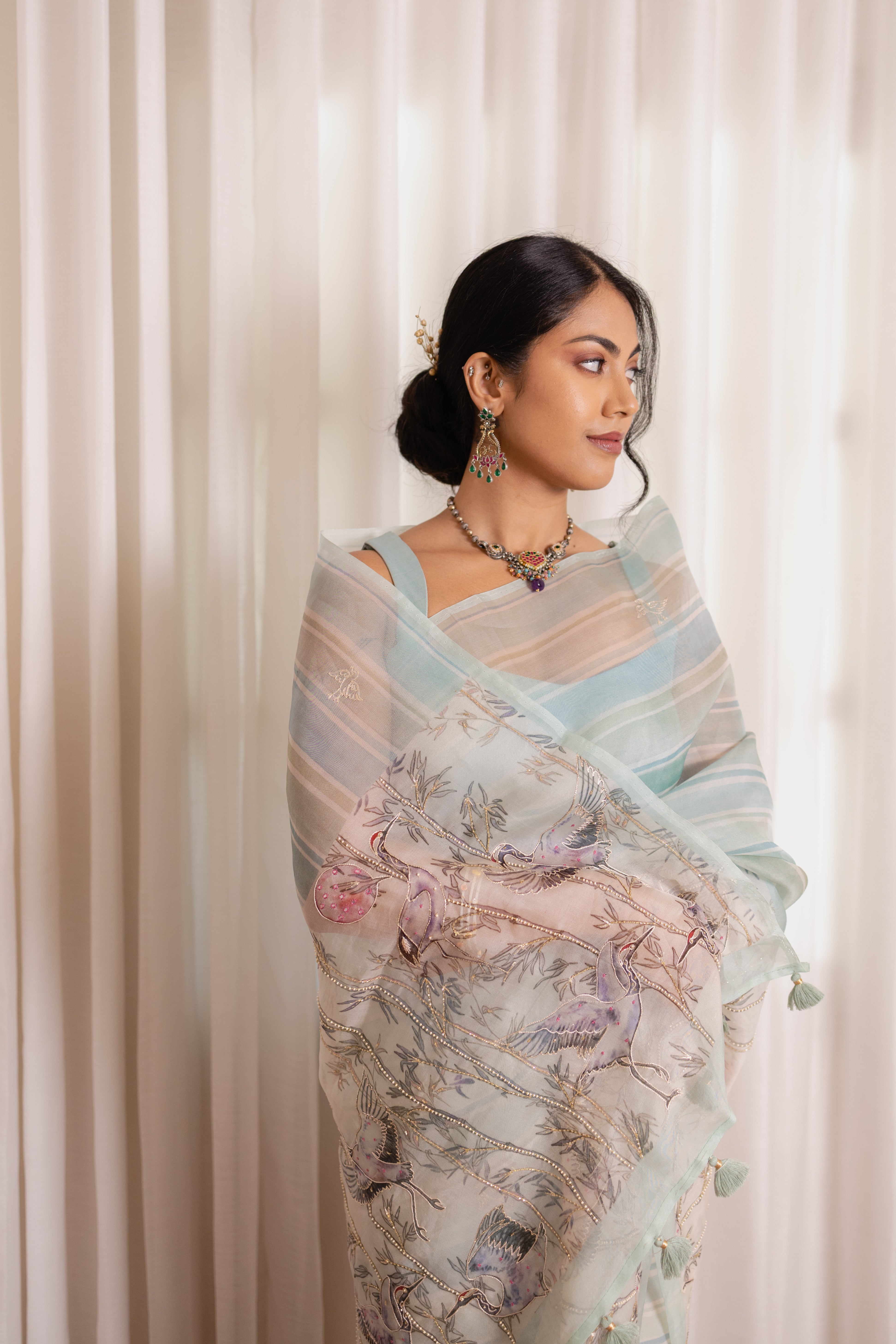 Pastel Heron Print Organza Silk Saree with Zardozi Accents