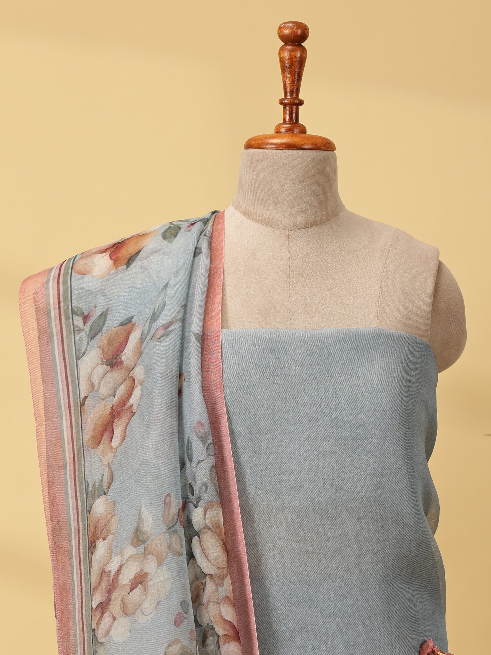 Twill Silk Dress Material Set with Thread Embroidery & Organza Dupatta